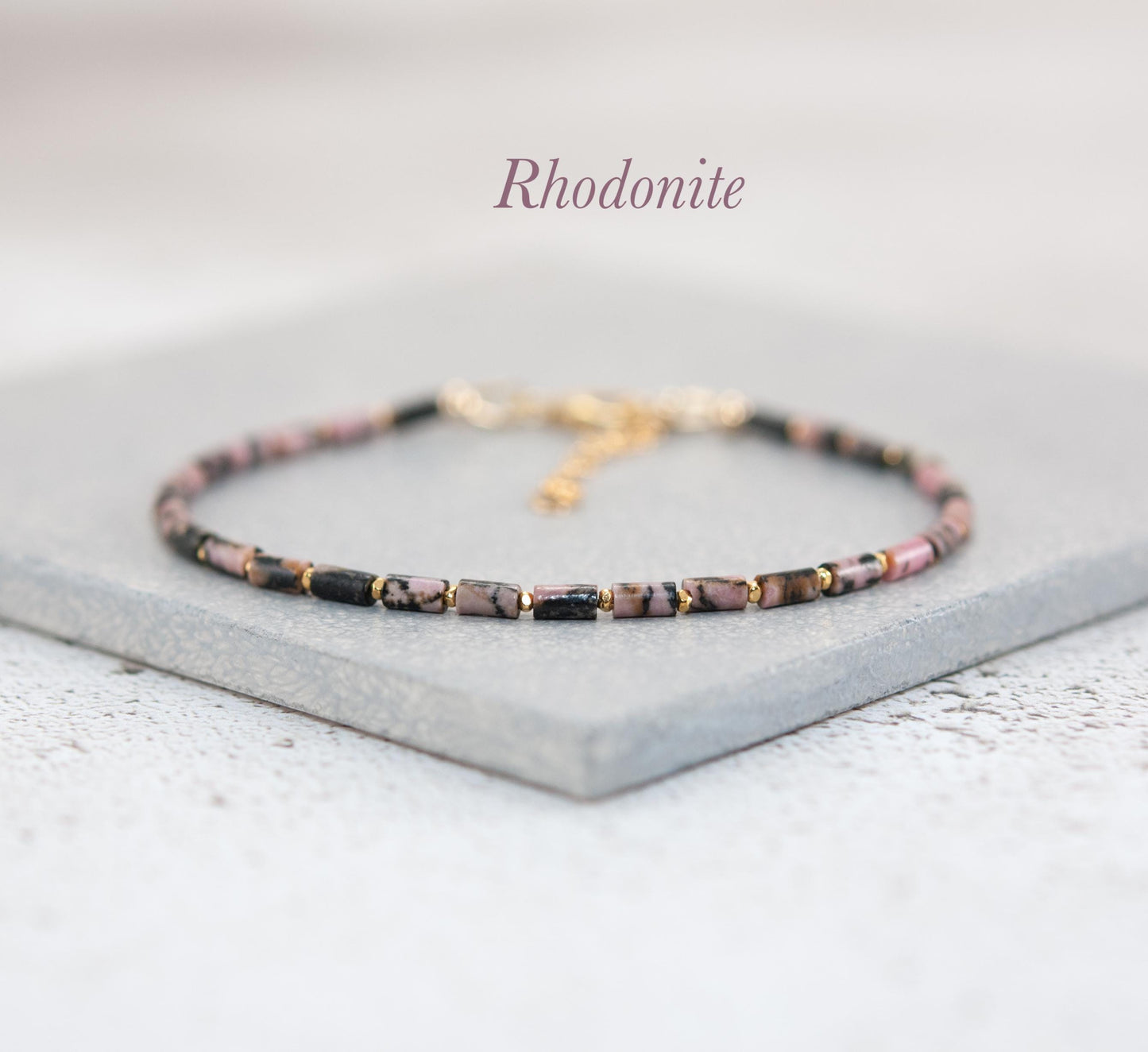Dainty Rhodonite Gemstone Tube Bead Bracelet