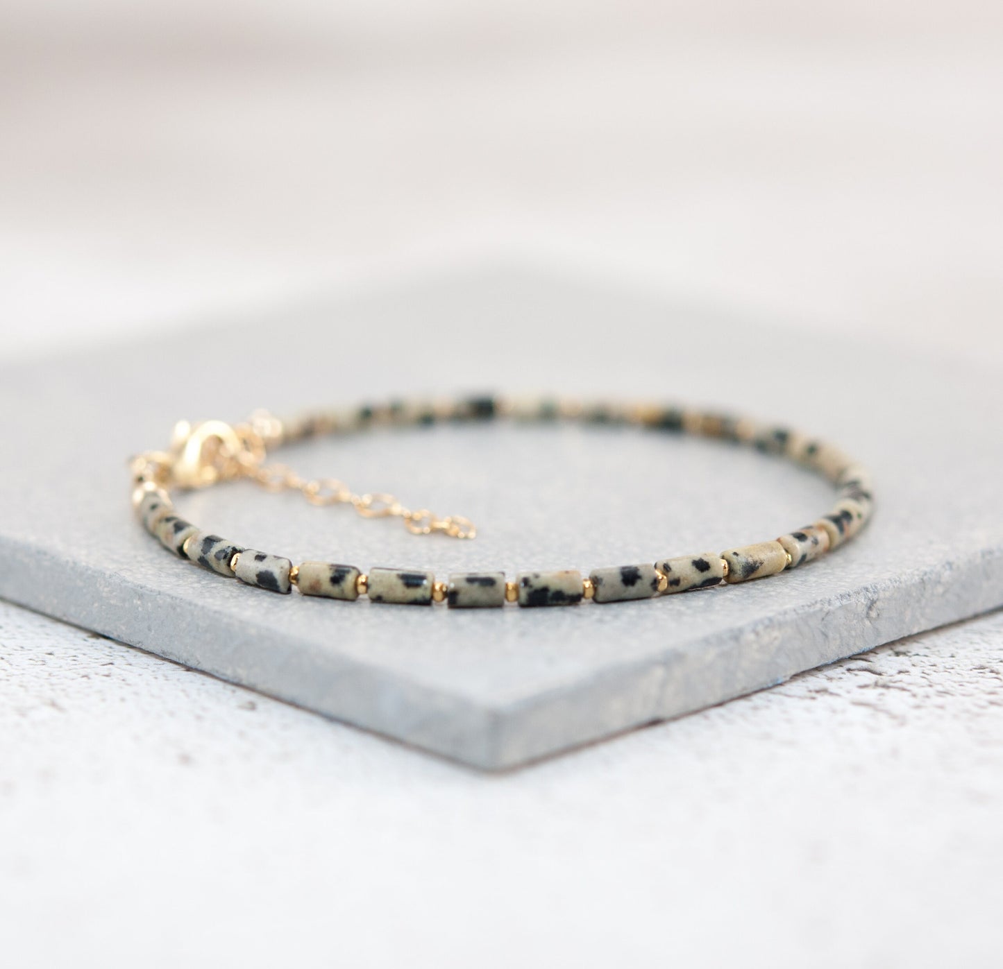 Dainty Dalmatian Jasper Gemstone Tube Bead Bracelet