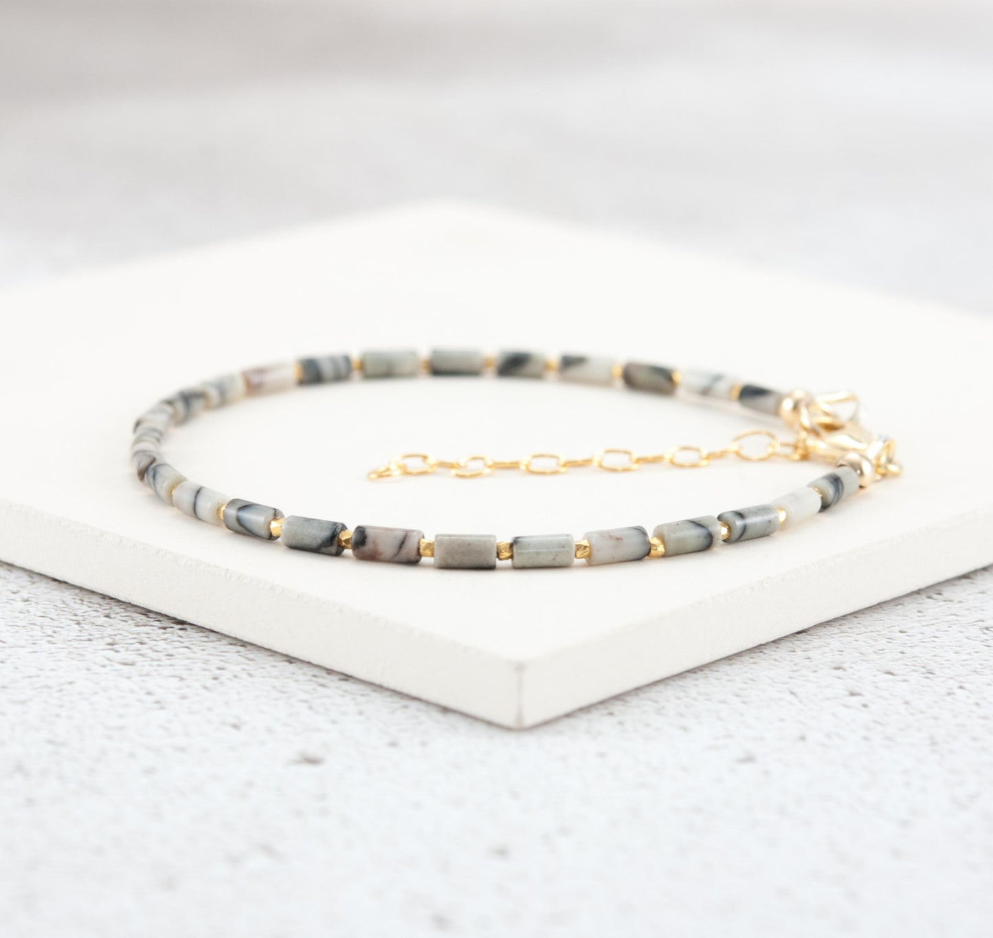 Dainty Spider Web Jasper Gemstone Tube Bead Bracelet