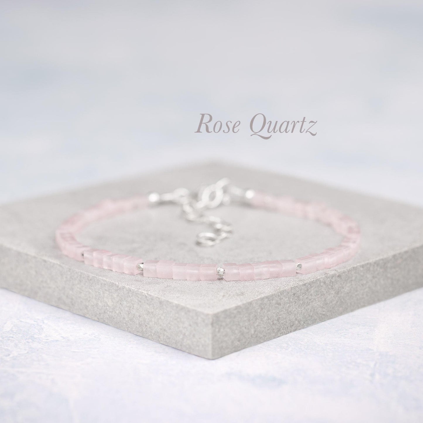 Dainty Rose Quartz Gemstone Cube Bead Bracelet