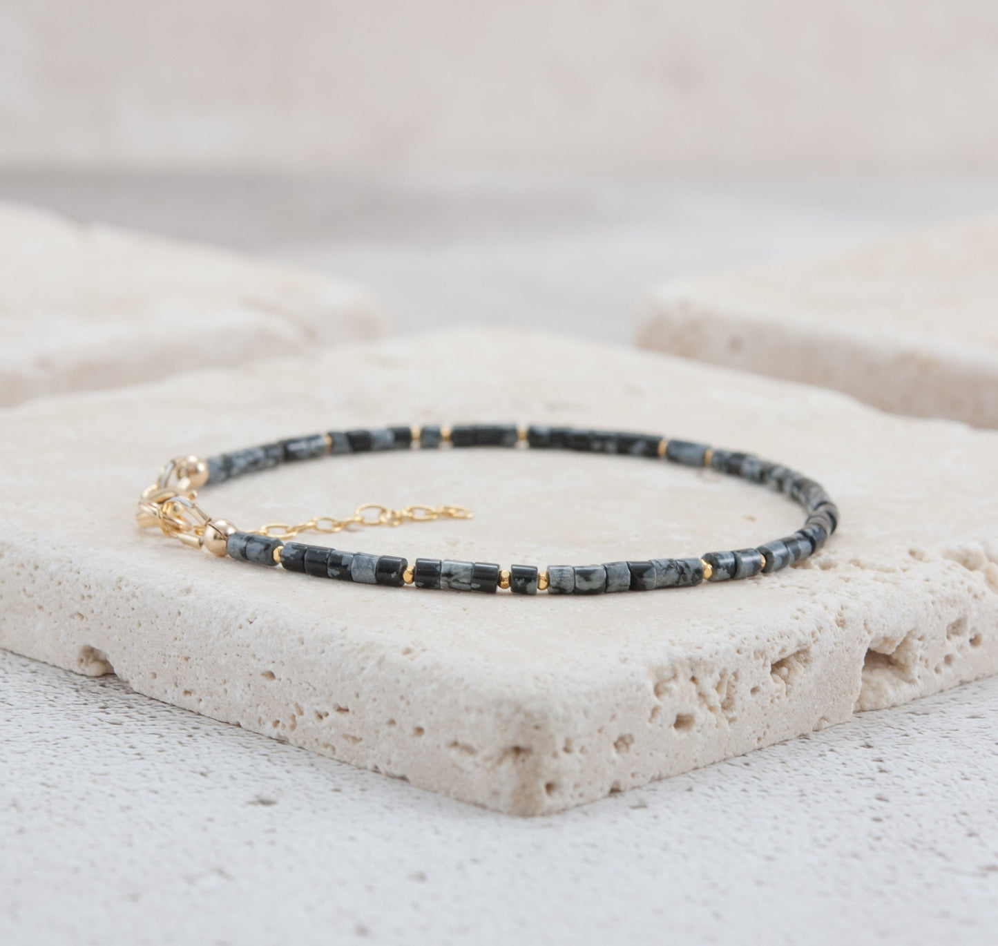 Dainty Snowflake Obsidian Heishi Bead Bracelet