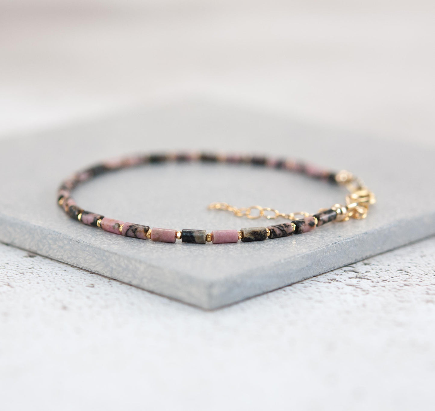 Dainty Rhodonite Gemstone Tube Bead Bracelet