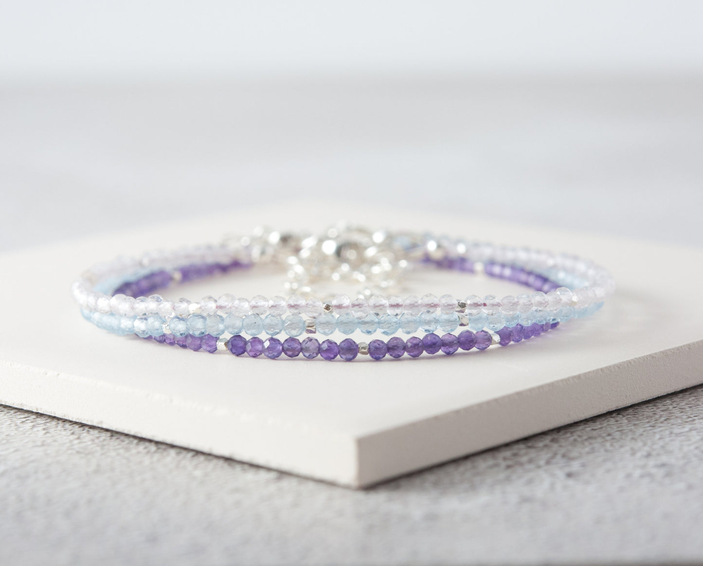 Set of 3 Dainty Gemstone Bracelets - Rose Quartz, Aquamarine & Amethyst