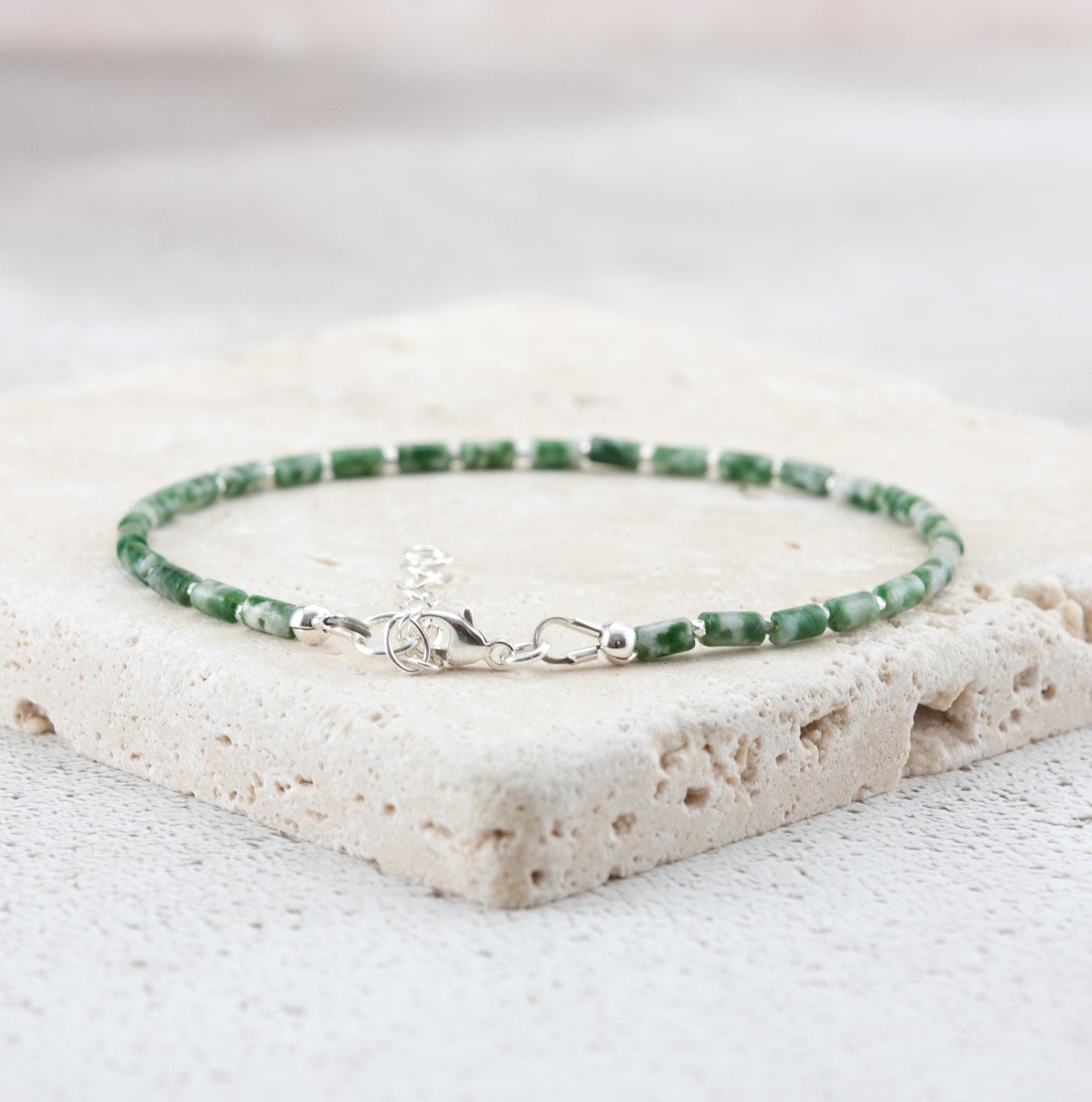 Dainty Green Spot Jasper Gemstone Tube Bead Bracelet