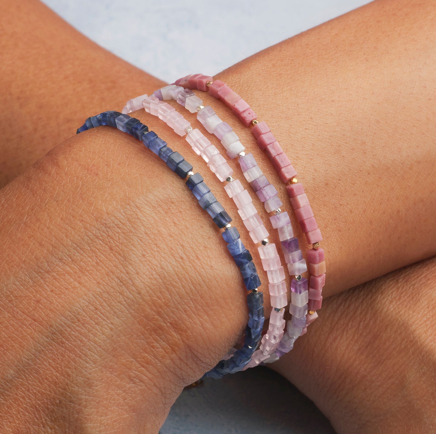Dainty Rose Quartz Gemstone Cube Bead Bracelet