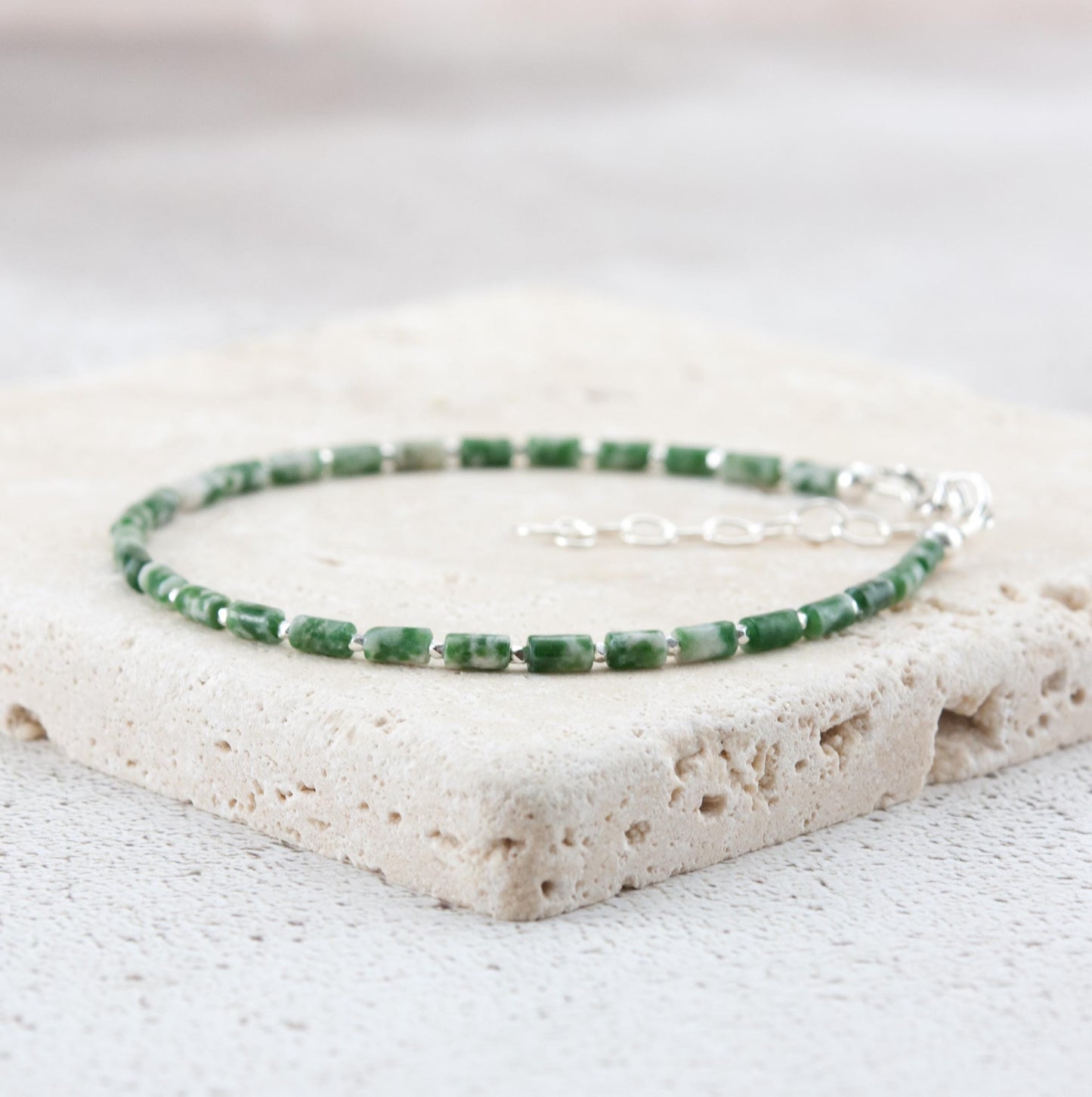 Dainty Green Spot Jasper Gemstone Tube Bead Bracelet