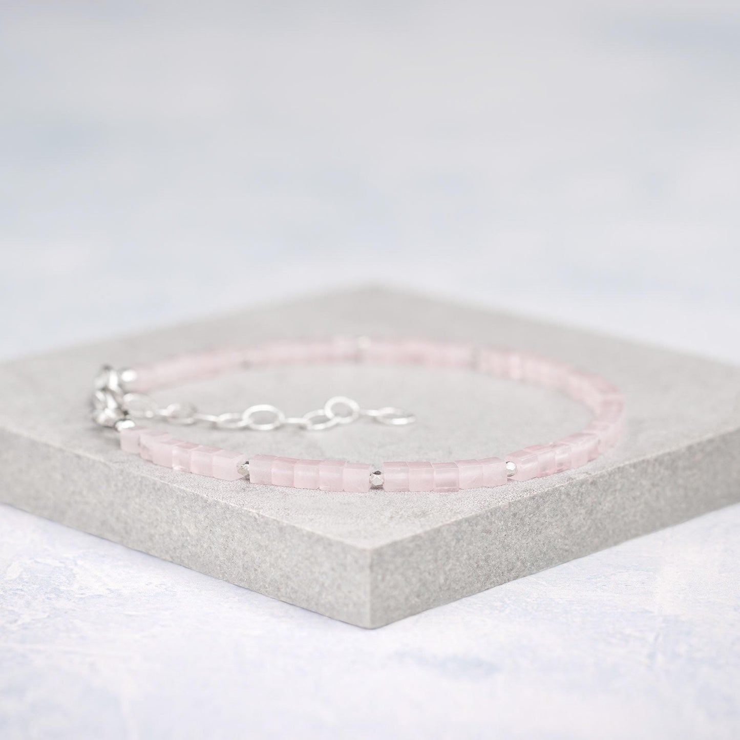 Dainty Rose Quartz Gemstone Cube Bead Bracelet