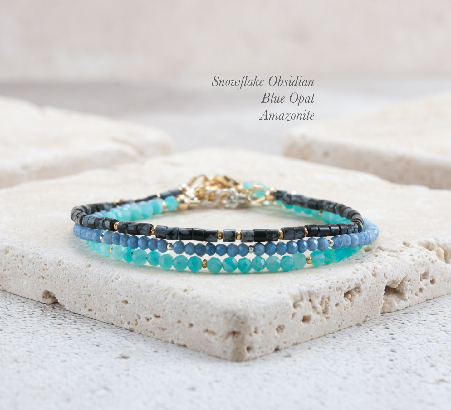 Dainty Snowflake Obsidian Heishi Bead Bracelet