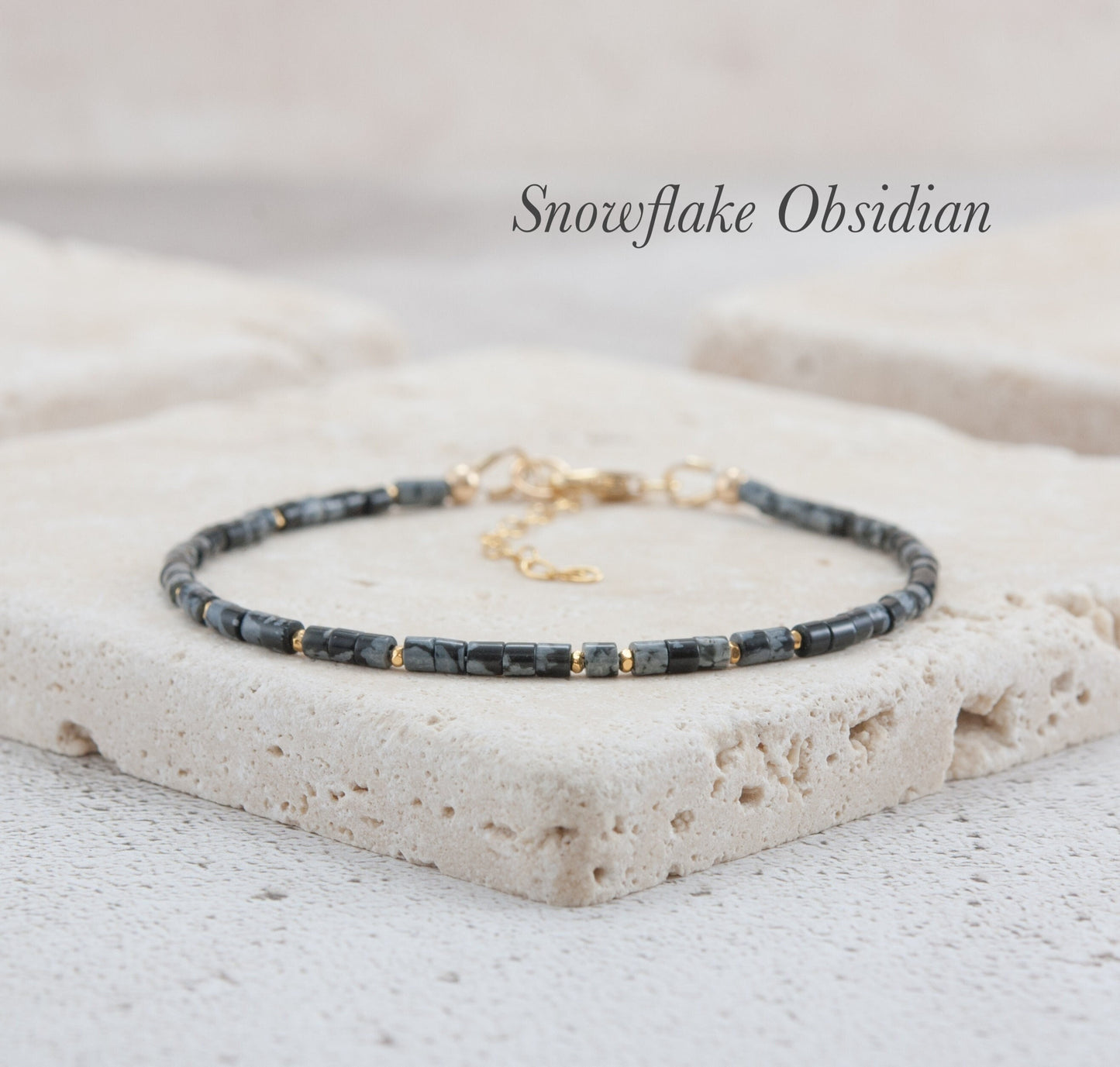 Dainty Snowflake Obsidian Heishi Bead Bracelet