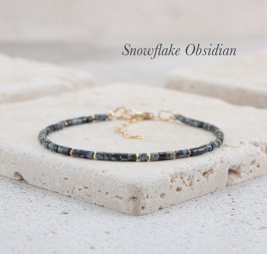 Dainty Snowflake Obsidian Heishi Bead Bracelet