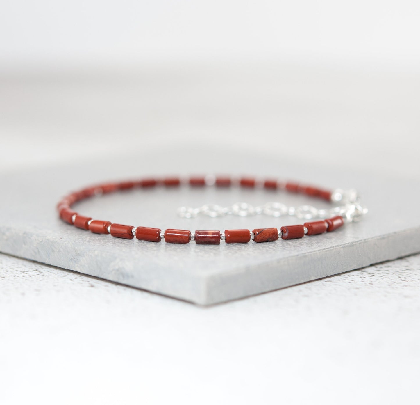 Dainty Red Jasper Gemstone Tube Bead Bracelet