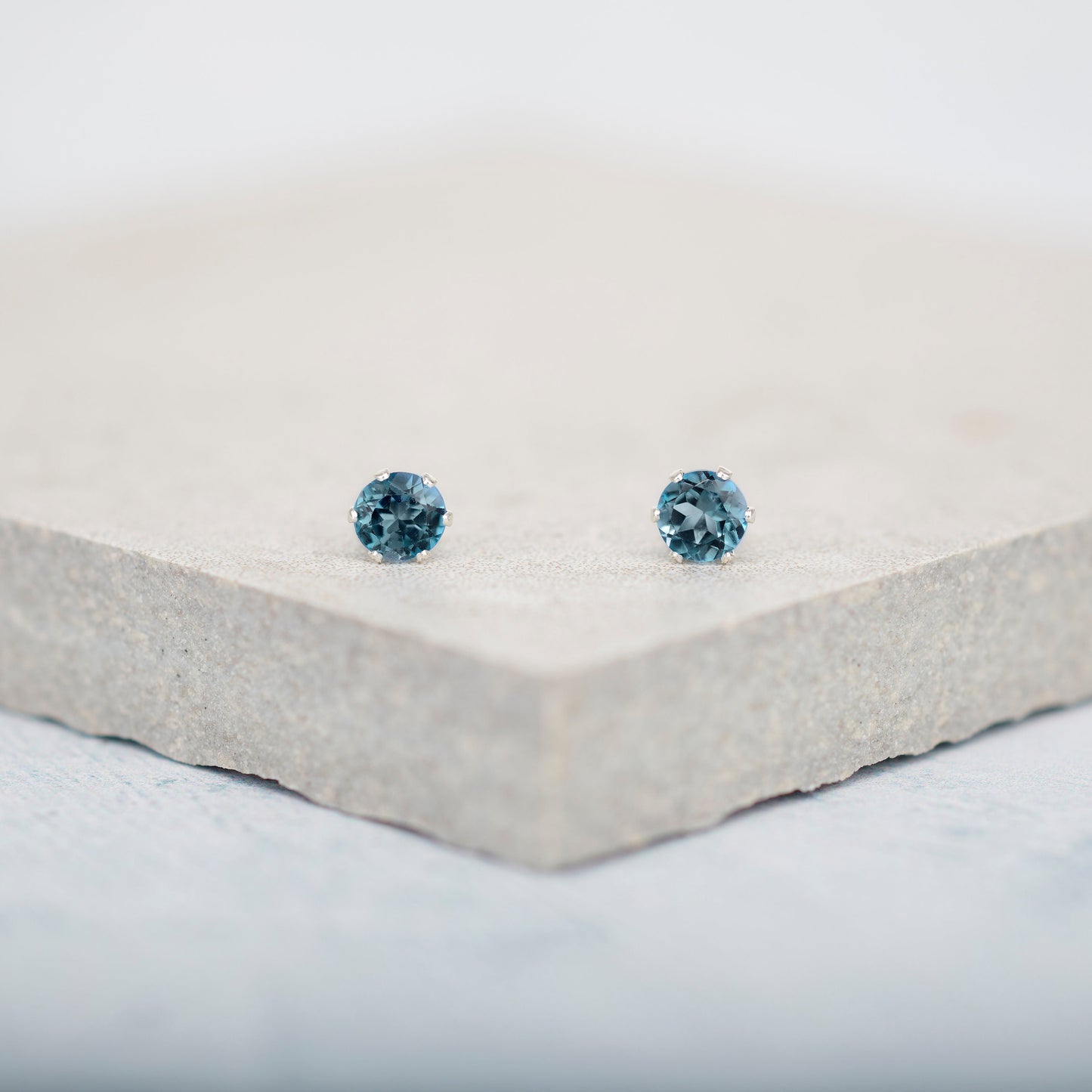 Dainty London Blue Topaz Gemstone Stud Earrings