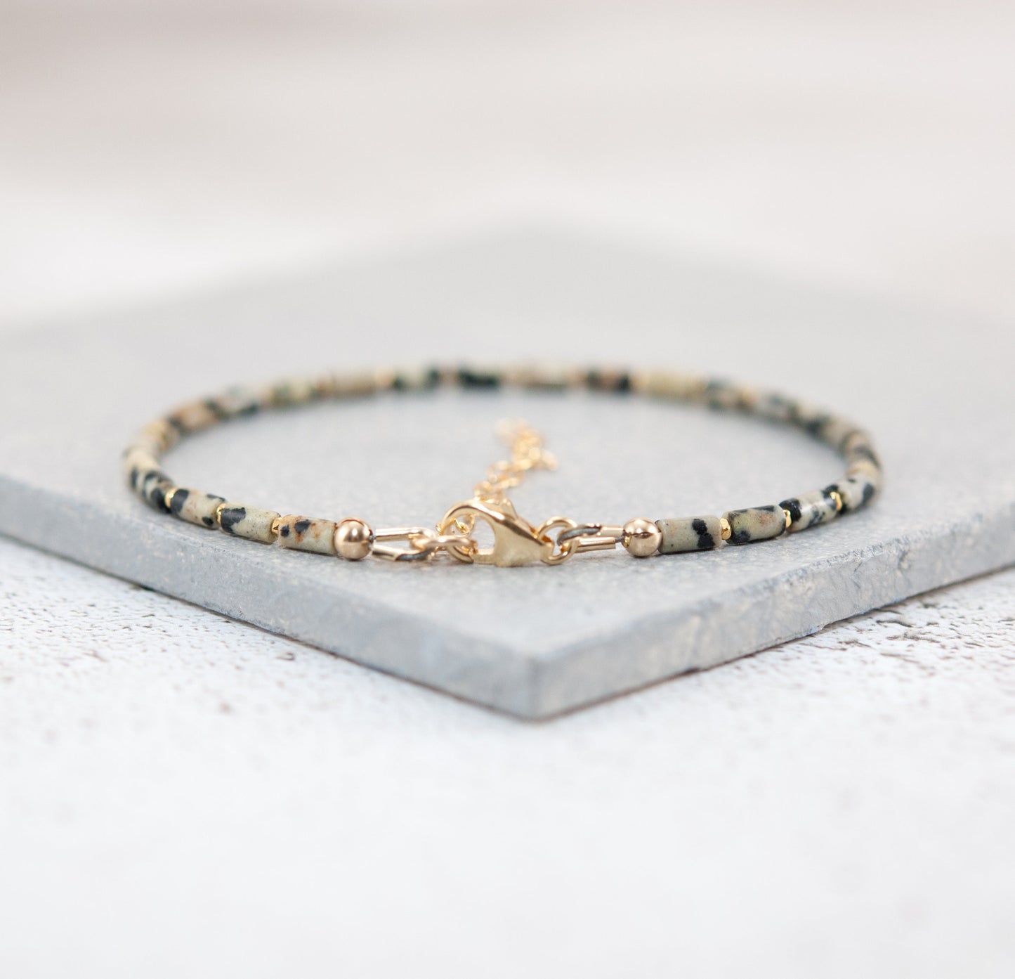 Dainty Dalmatian Jasper Gemstone Tube Bead Bracelet
