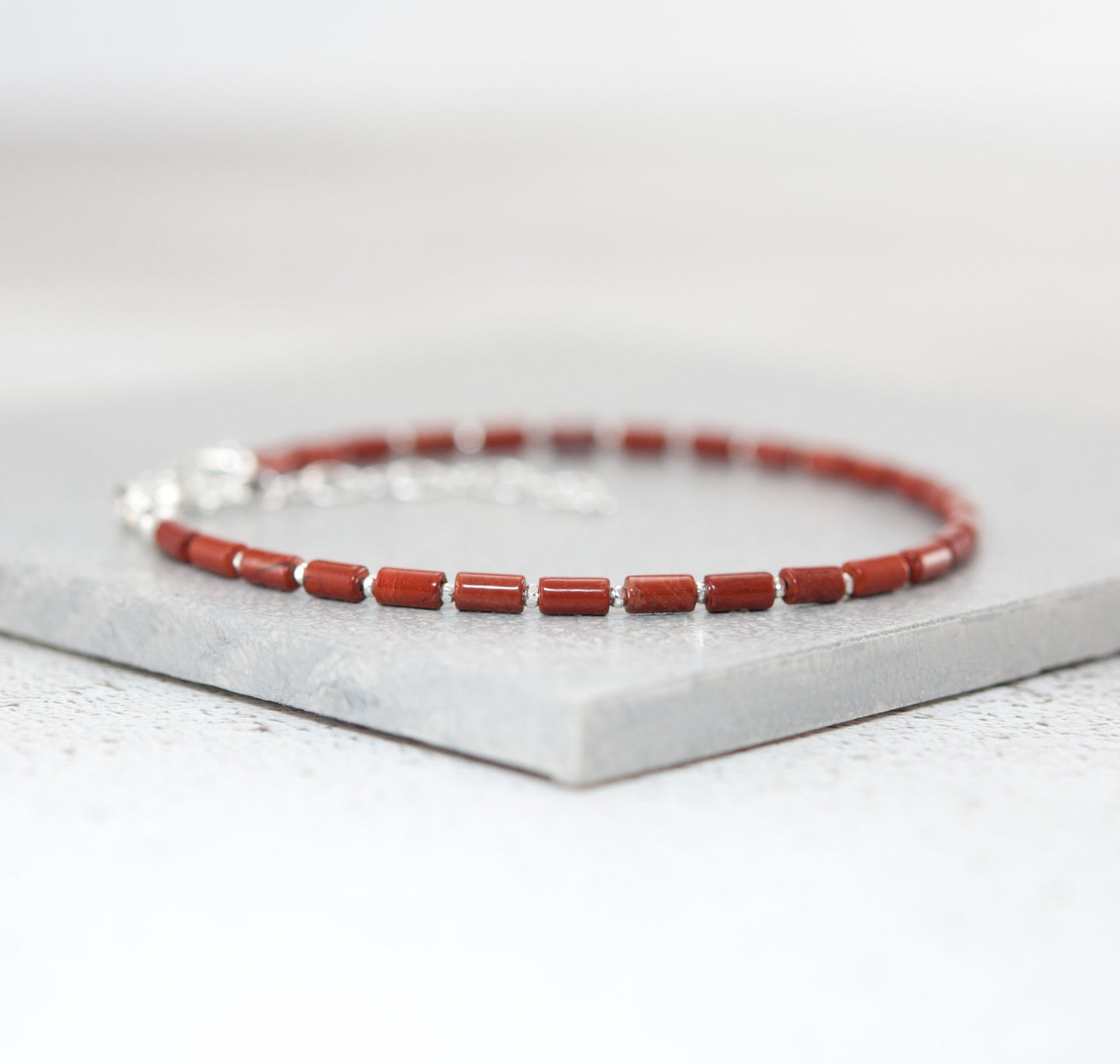 Dainty Red Jasper Gemstone Tube Bead Bracelet