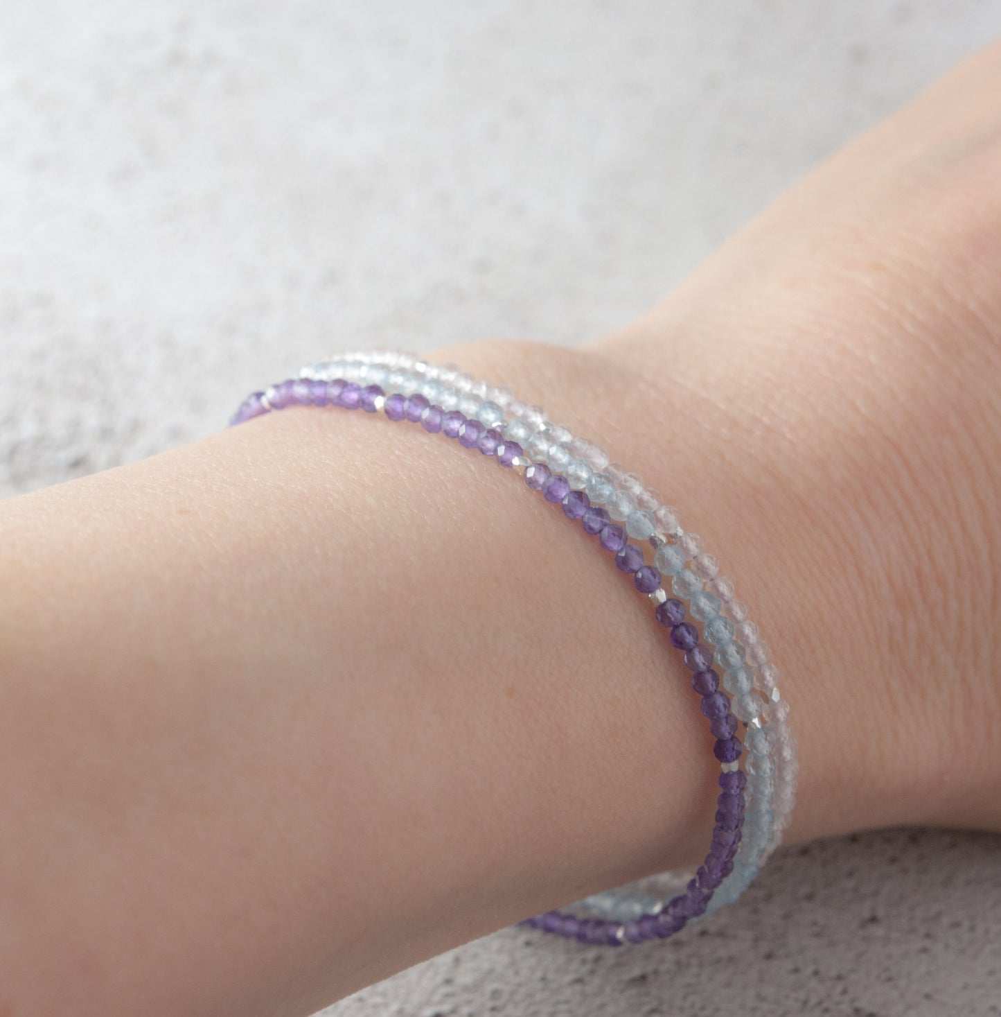 Set of 3 Dainty Gemstone Bracelets - Rose Quartz, Aquamarine & Amethyst
