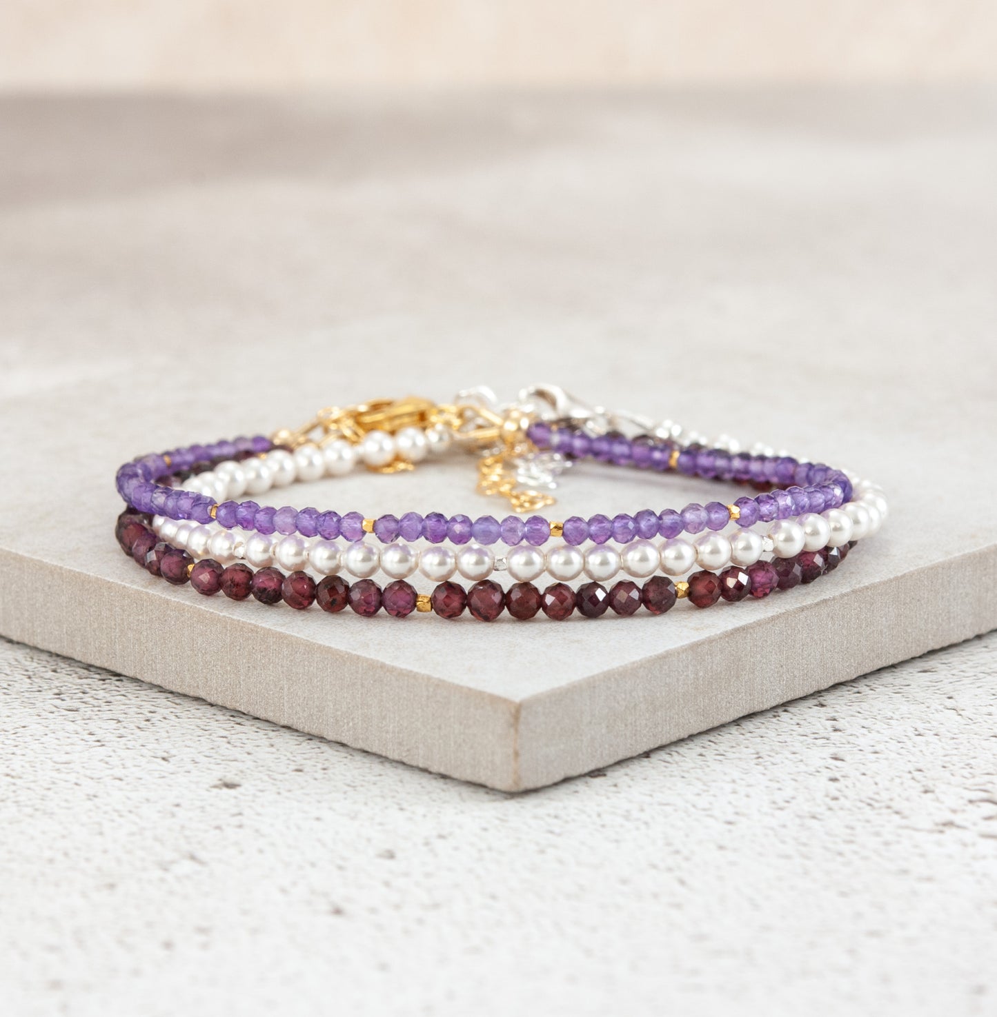 Set Of 3 Dainty Stacking Bracelets (Amethyst, Pearl & Garnet)