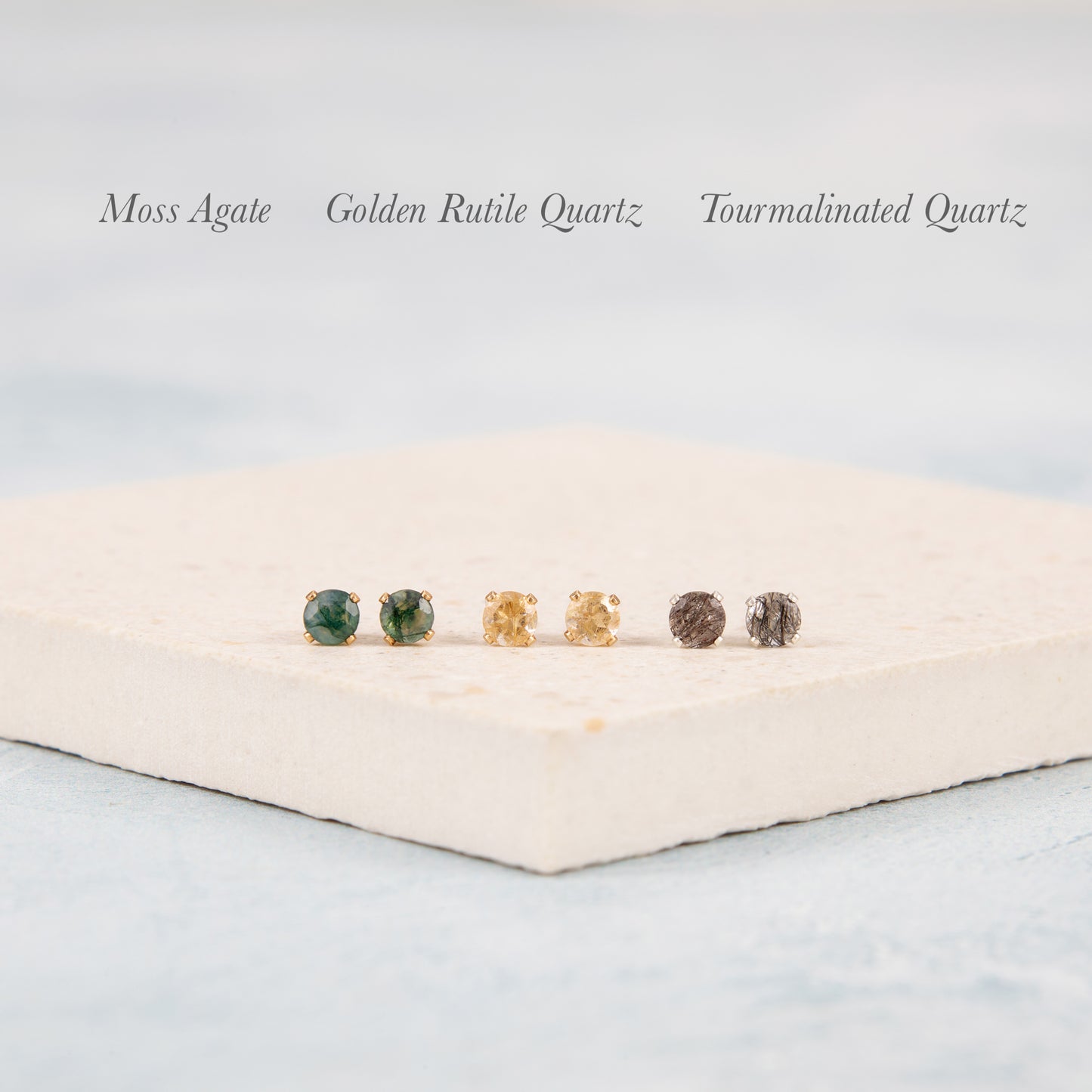 Dainty Moss Agate Gemstone Stud Earrings