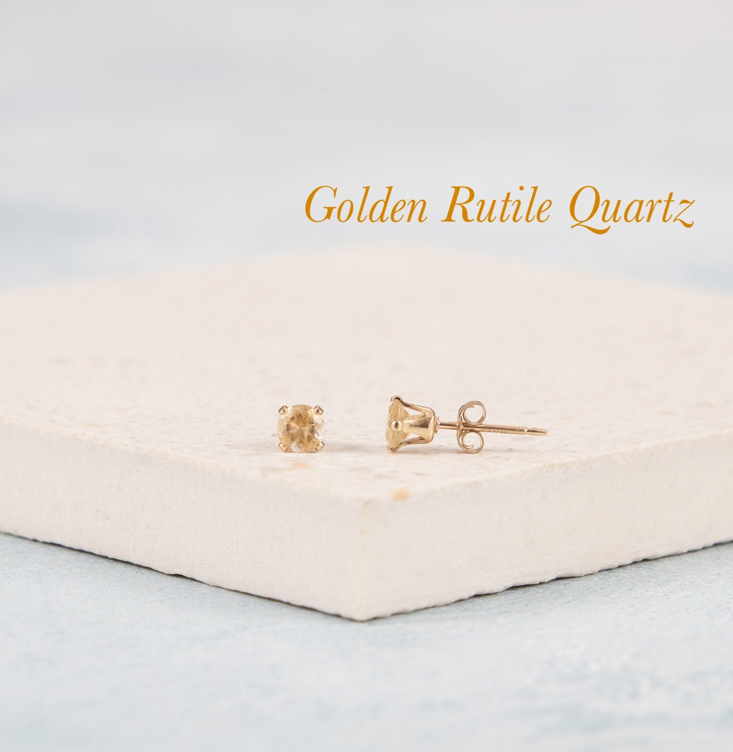 Dainty Golden Rutile Quartz Gemstone Stud Earrings
