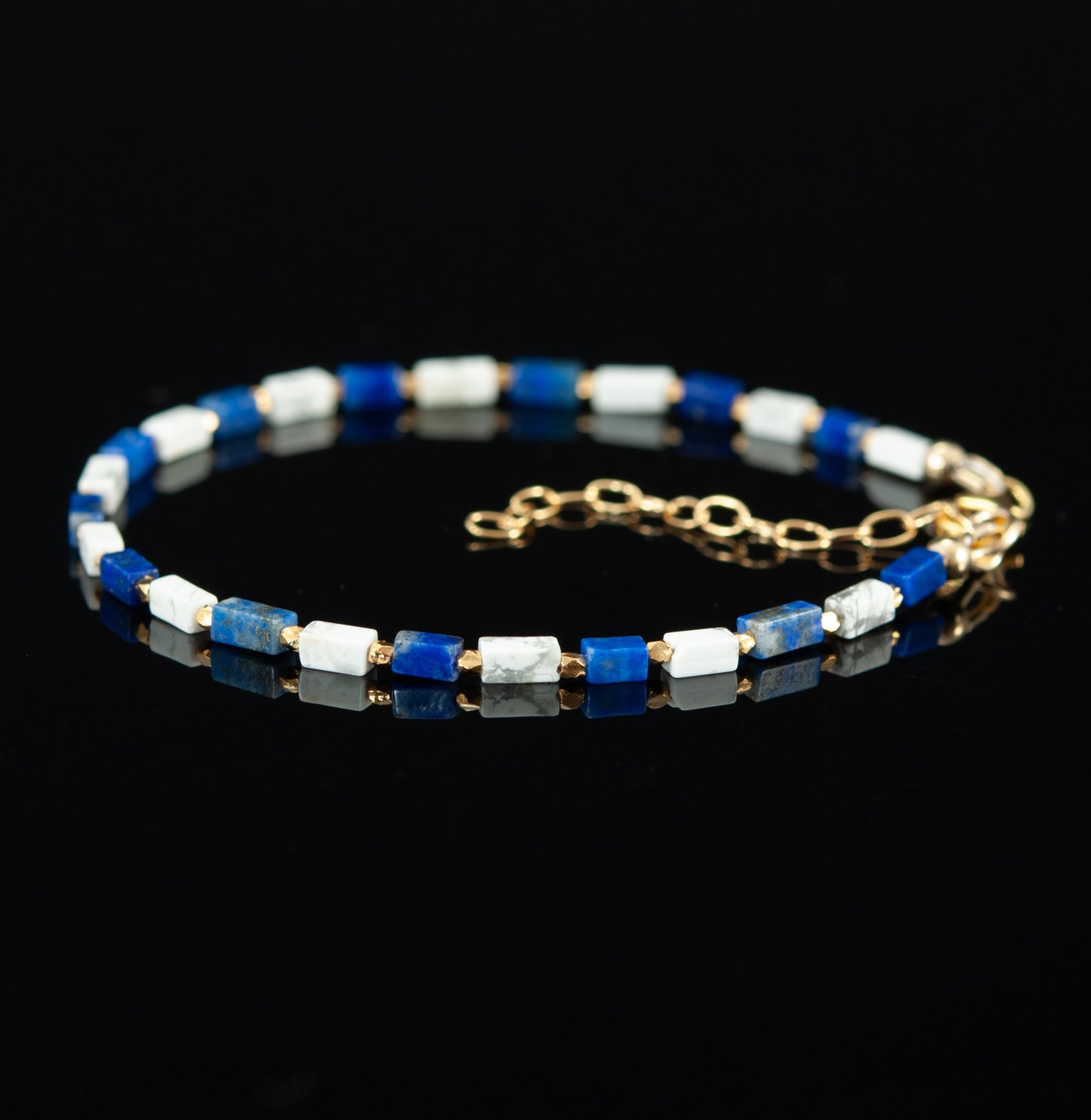 Dainty Lapis Lazuli & Howlite Gemstone Cuboid Bracelet