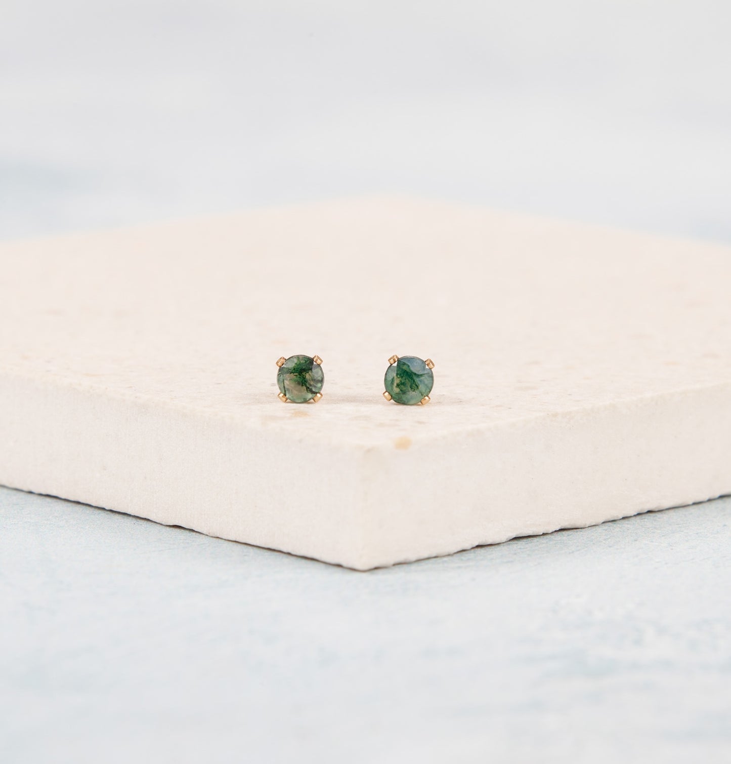 Dainty Moss Agate Gemstone Stud Earrings