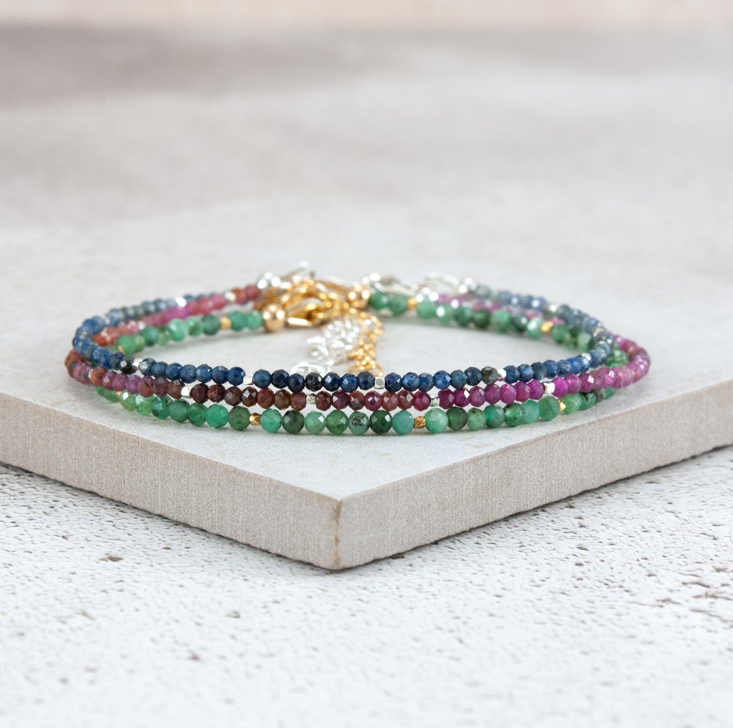 Set Of 3 Dainty Stacking Bracelets (Sapphire, Ruby & Emerald)
