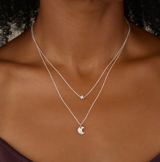 Dainty Moon & Star Two-Strand Layered Necklace (Sterling Silver)