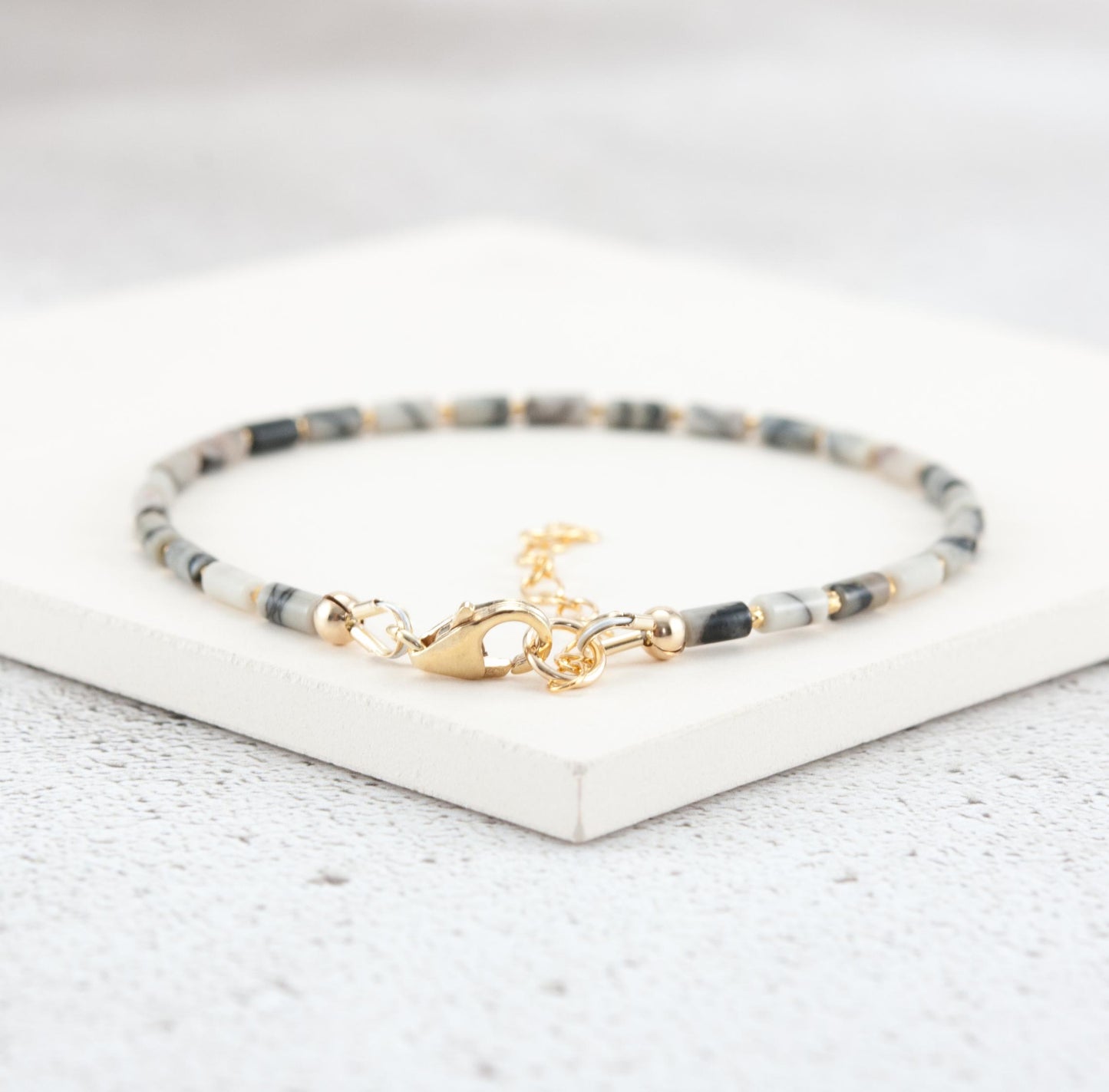 Dainty Spider Web Jasper Gemstone Tube Bead Bracelet