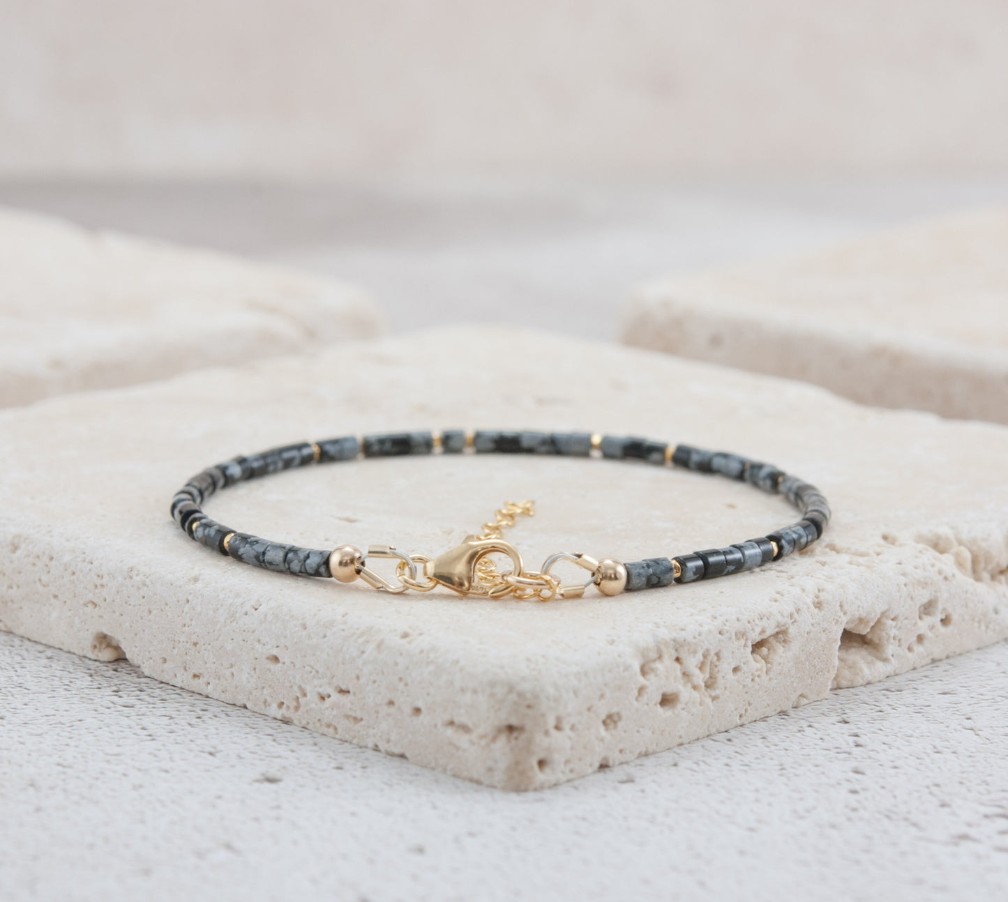 Dainty Snowflake Obsidian Heishi Bead Bracelet
