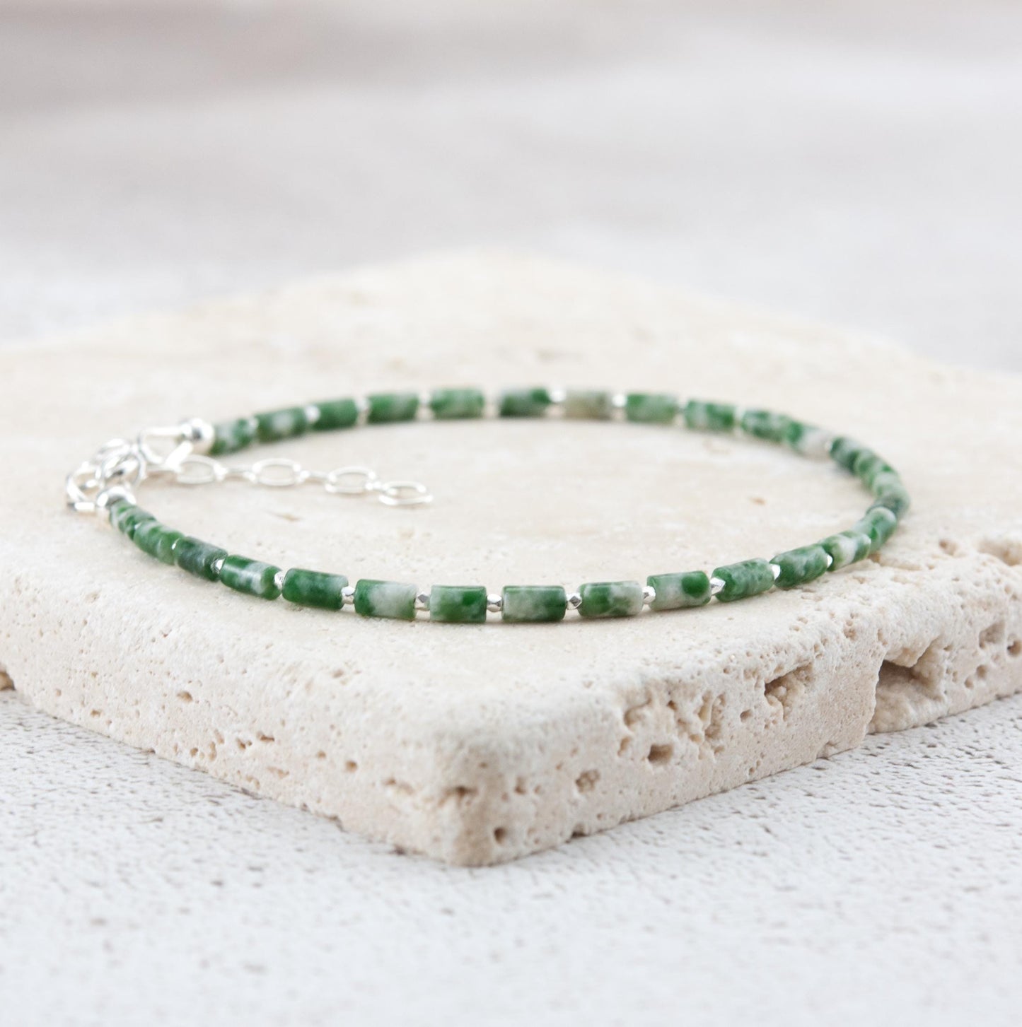 Dainty Green Spot Jasper Gemstone Tube Bead Bracelet