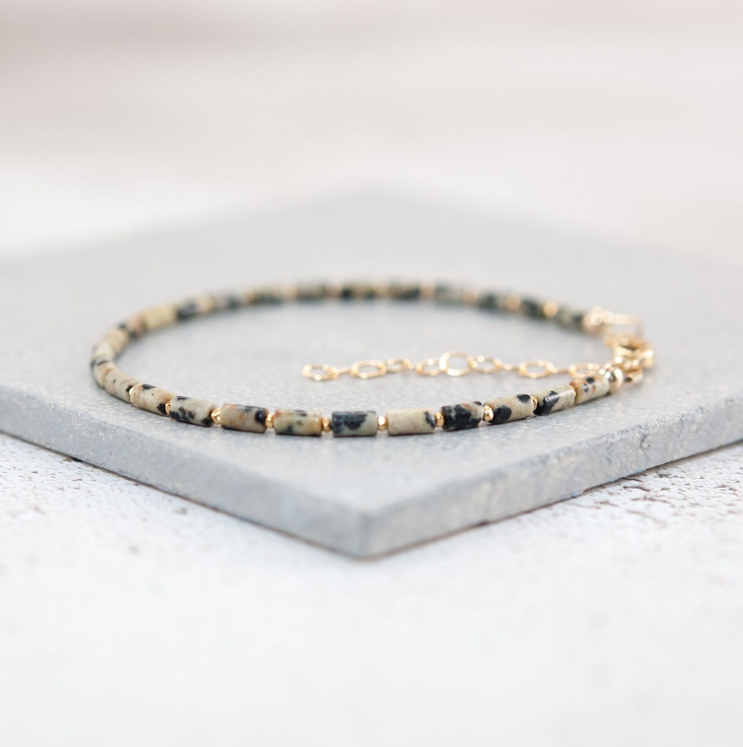 Dainty Dalmatian Jasper Gemstone Tube Bead Bracelet