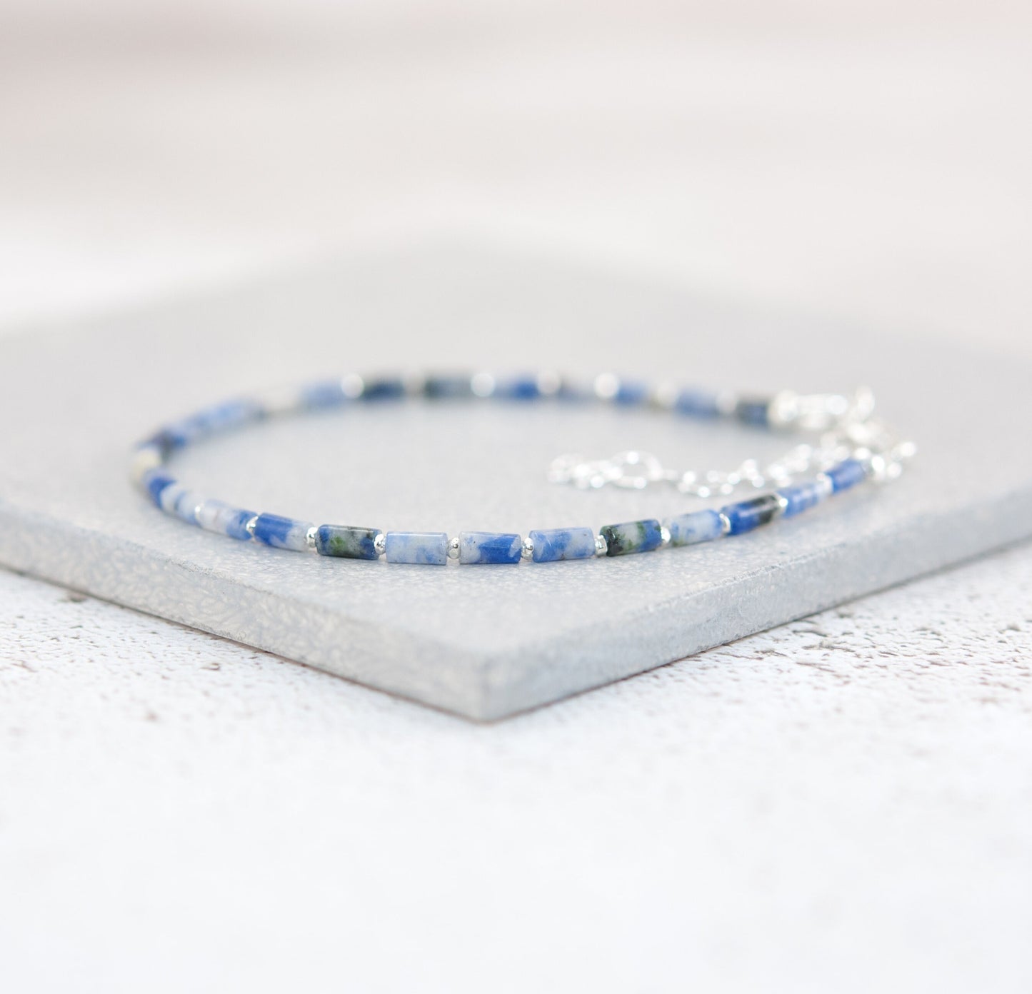 Dainty Blue Spot Jasper Gemstone Tube Bead Bracelet