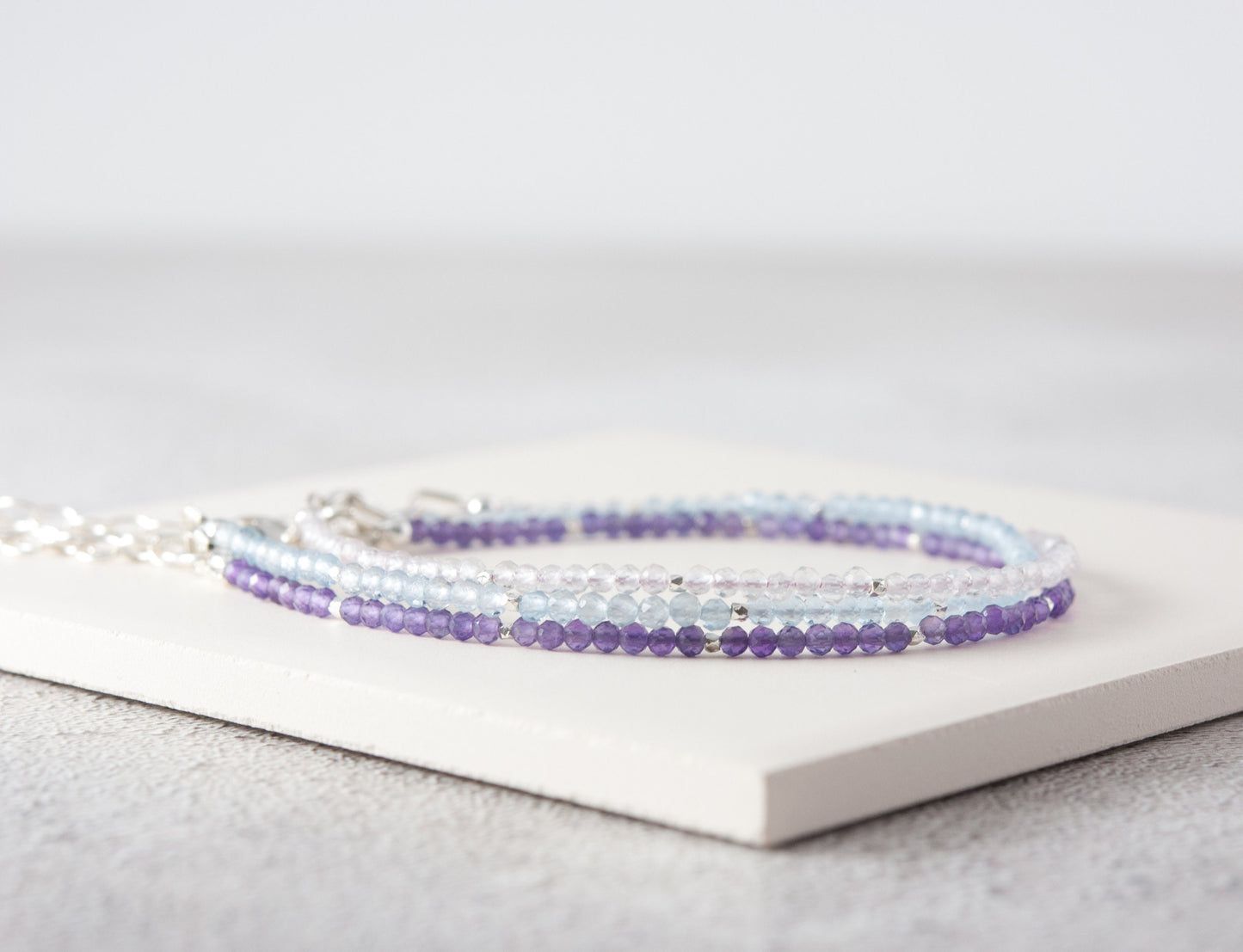 Set of 3 Dainty Gemstone Bracelets - Rose Quartz, Aquamarine & Amethyst