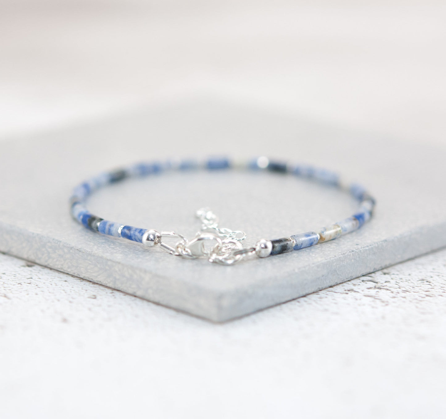 Dainty Blue Spot Jasper Gemstone Tube Bead Bracelet