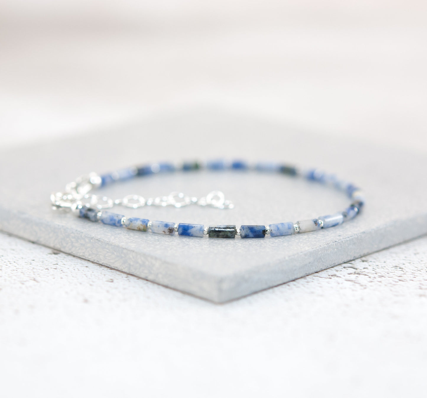 Dainty Blue Spot Jasper Gemstone Tube Bead Bracelet