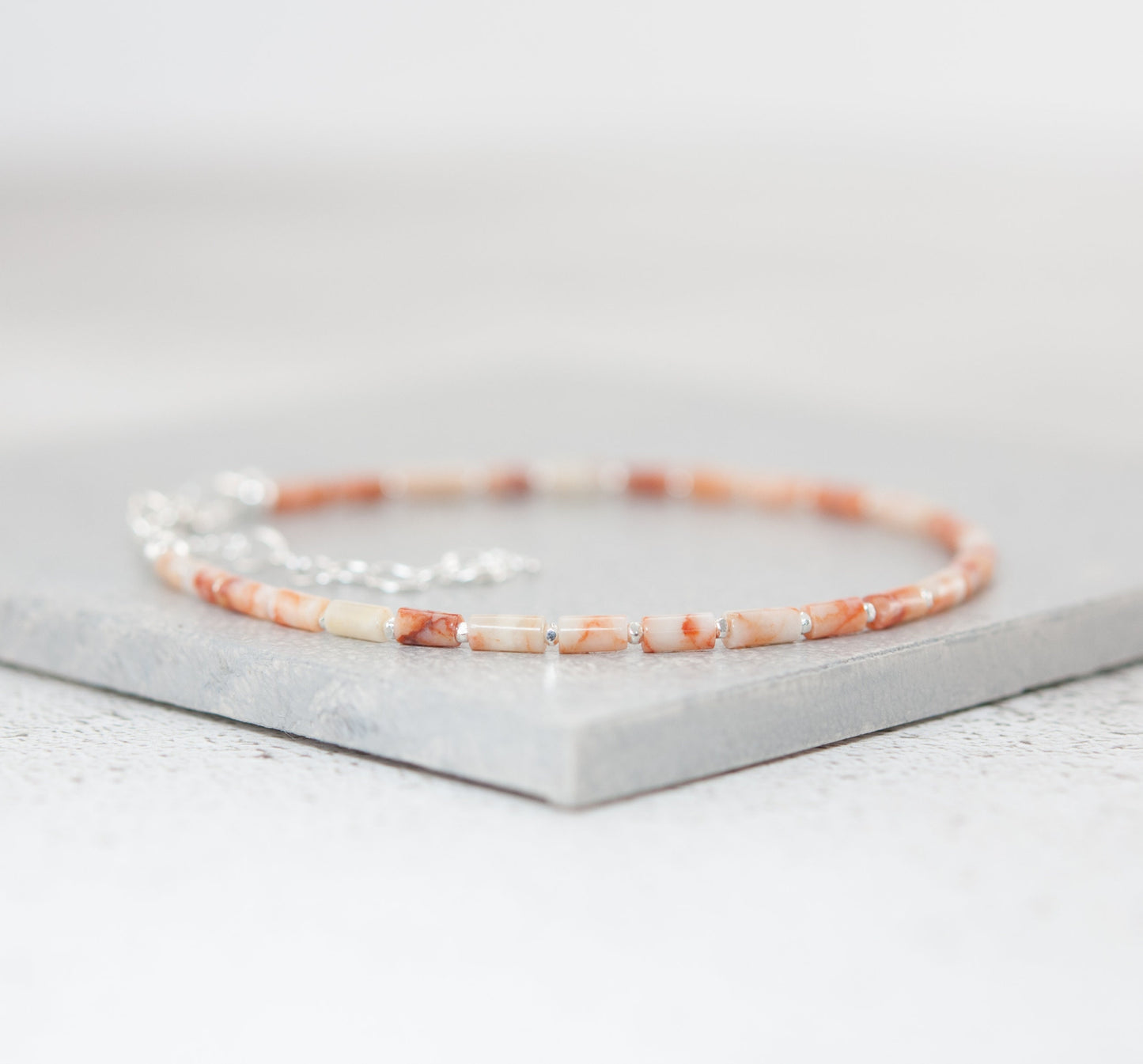 Dainty Red Line Jasper Gemstone Tube Bead Bracelet