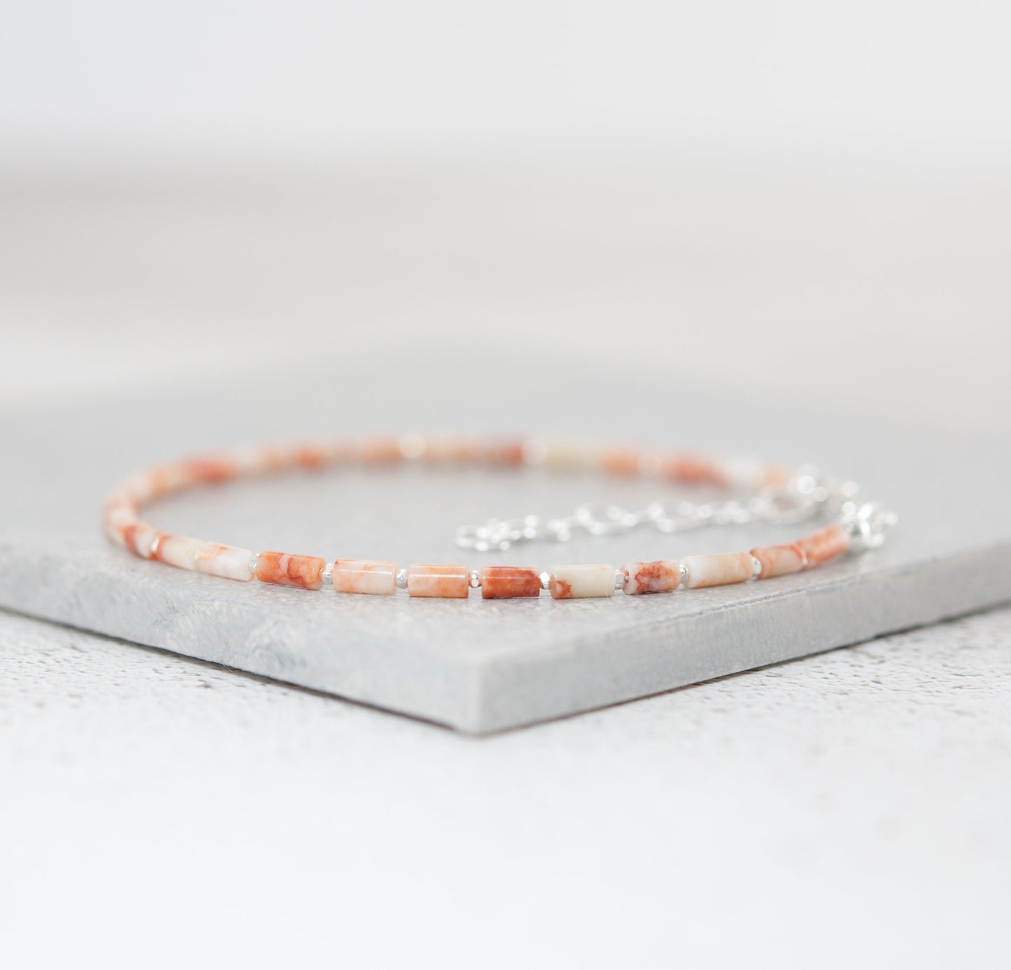 Dainty Red Line Jasper Gemstone Tube Bead Bracelet