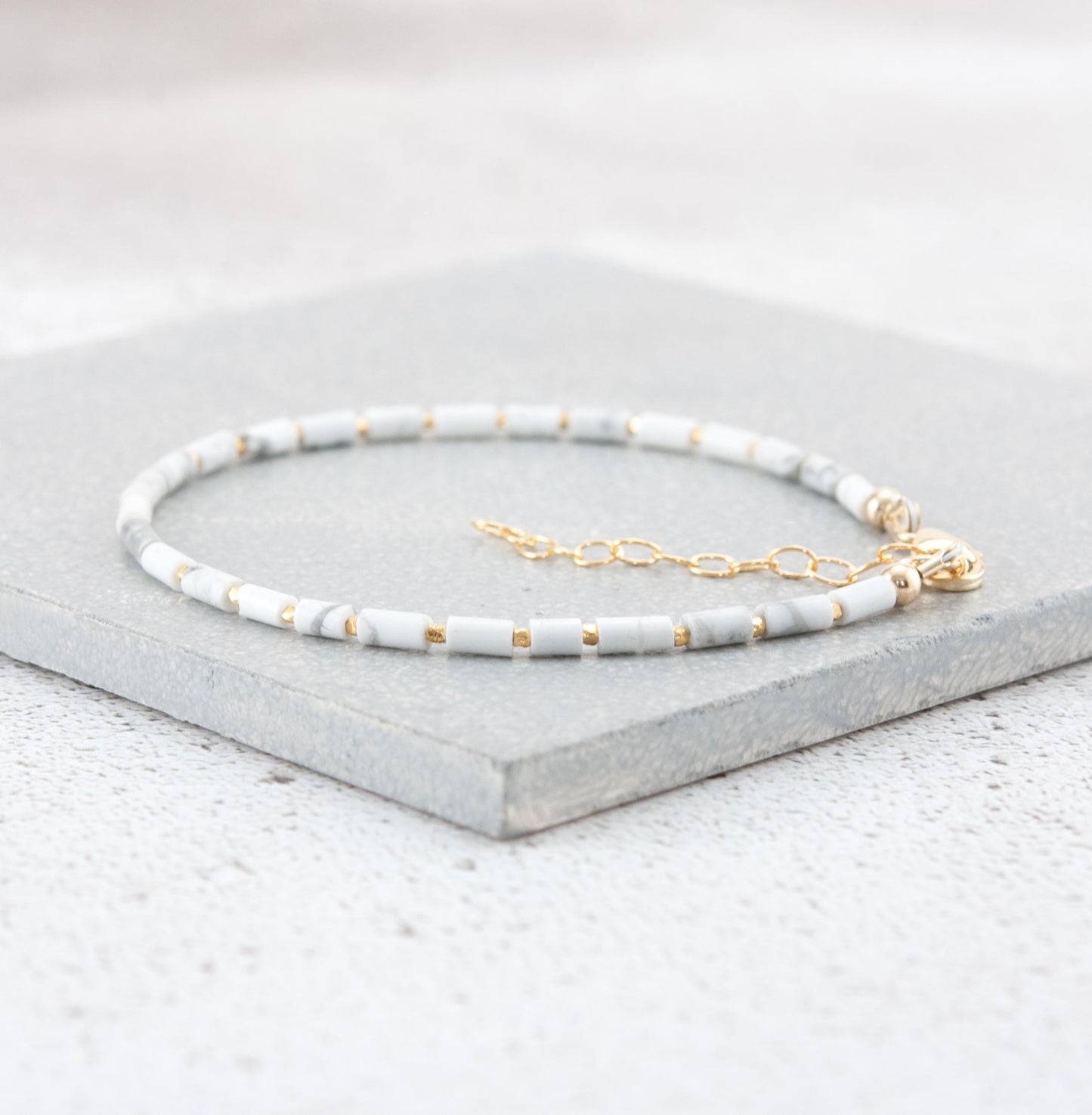 Dainty Howlite Gemstone Tube Bead Bracelet