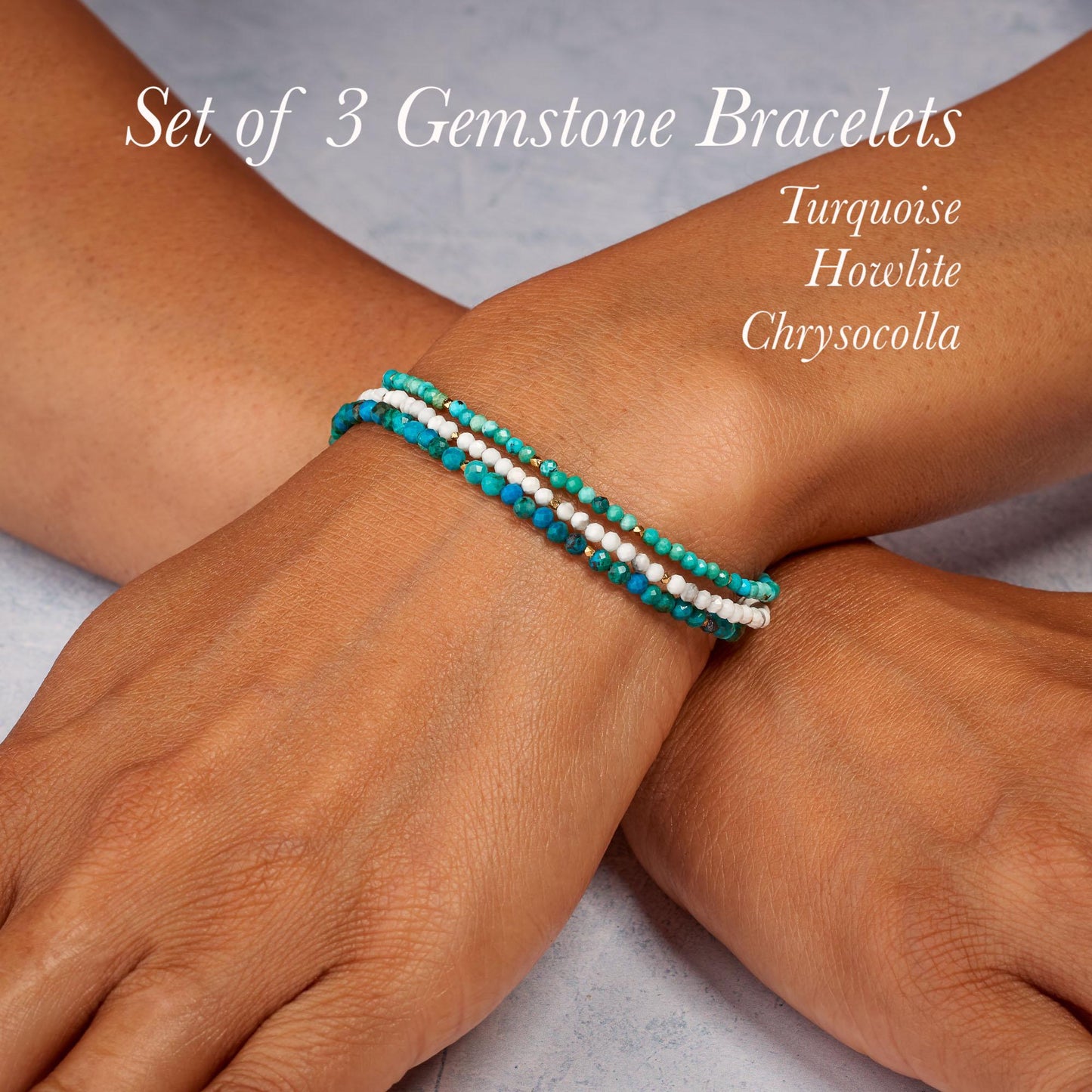 Set Of 3 Dainty Gemstone Stacking Bracelets (Turquoise, Howlite & Chrysocolla)