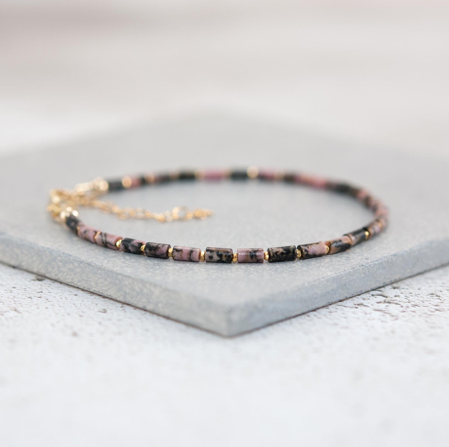 Dainty Rhodonite Gemstone Tube Bead Bracelet