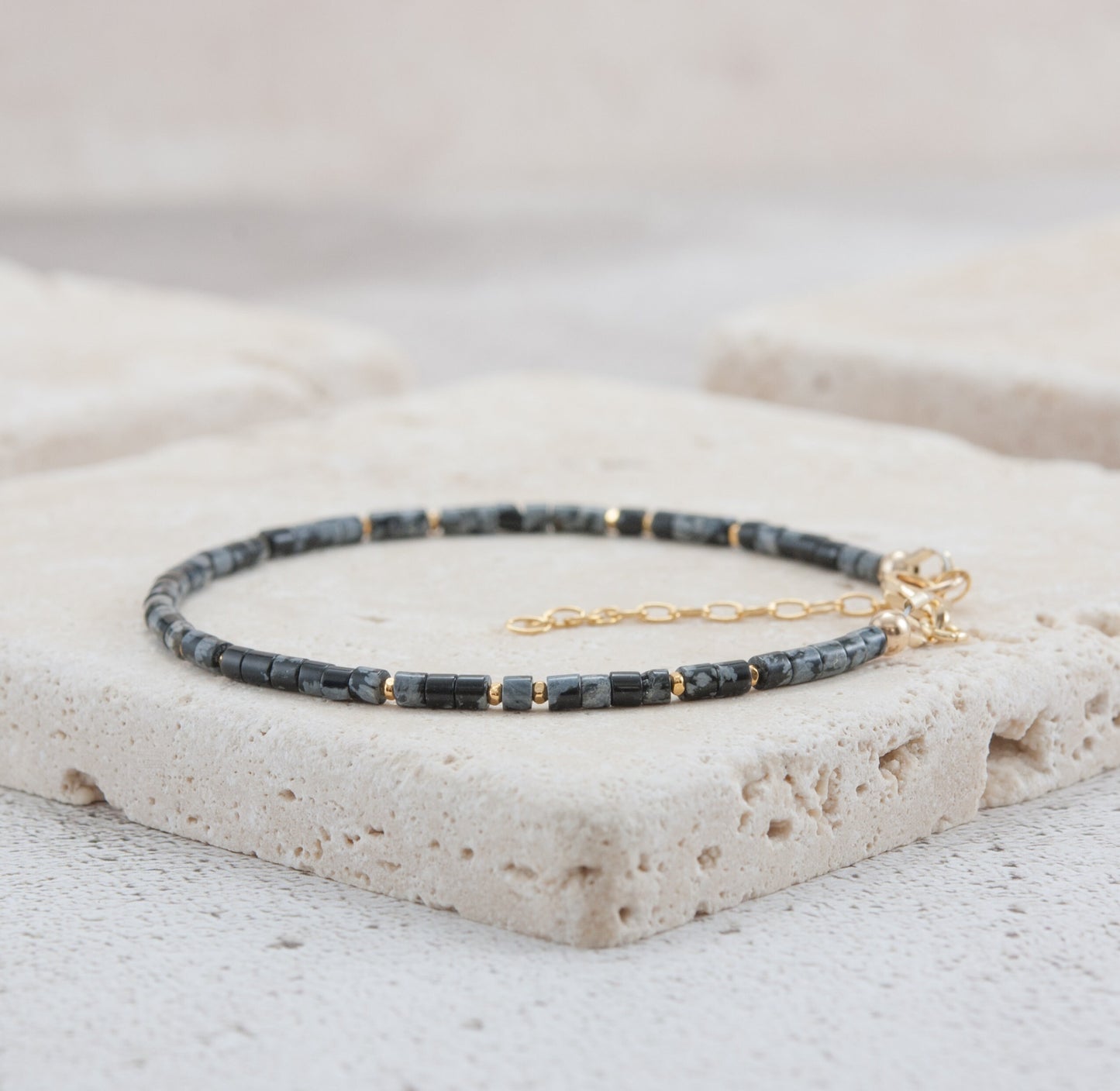 Dainty Snowflake Obsidian Heishi Bead Bracelet