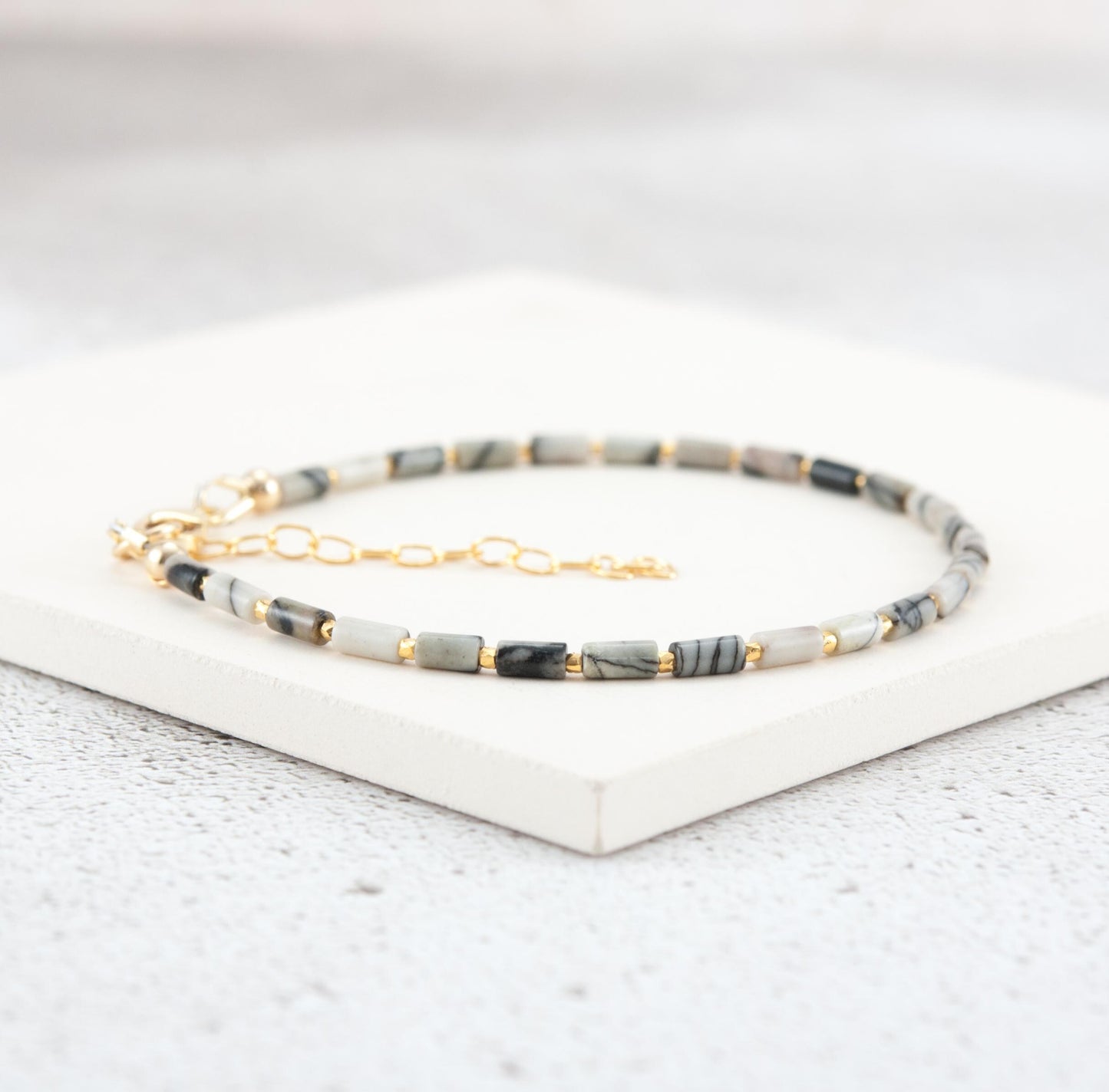 Dainty Spider Web Jasper Gemstone Tube Bead Bracelet