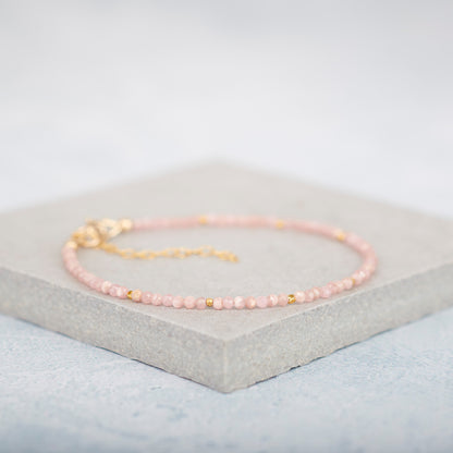 Set Of 3 Dainty Gemstone Stacking Bracelets - Rhodochrosite, Citrine & Chalcedony