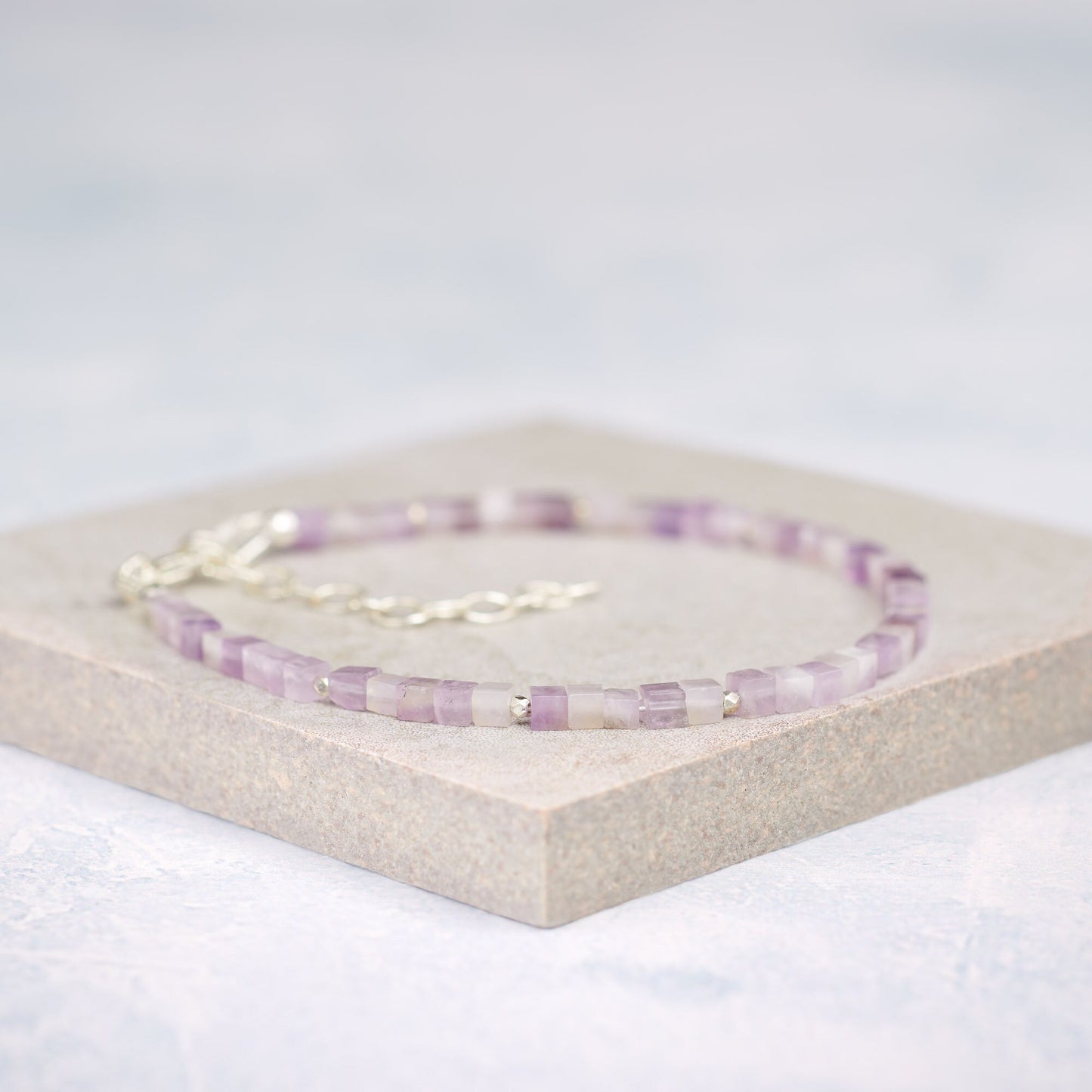 Dainty Amethyst Gemstone Cube Bead Bracelet