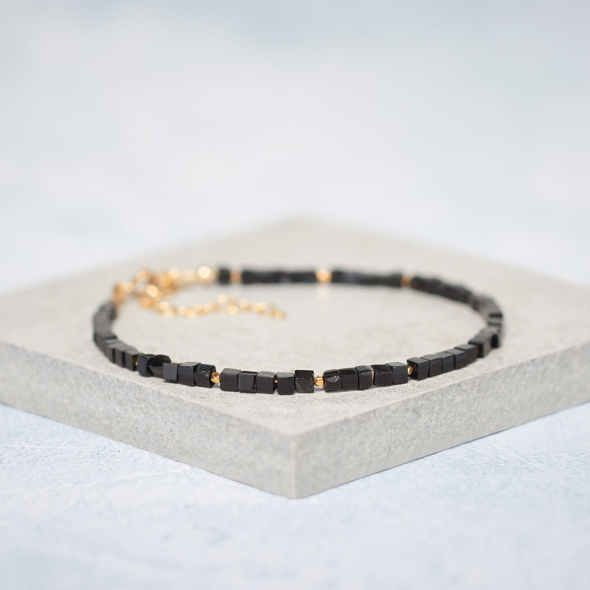 Set Of 4 Dainty Gemstone Stacking Bracelets, Hematite, Tourmalinated Quartz, Black Agate & Pearl
