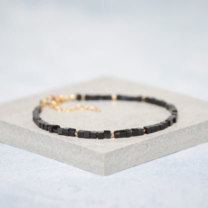 Set Of 4 Dainty Gemstone Stacking Bracelets, Hematite, Tourmalinated Quartz, Black Agate & Pearl