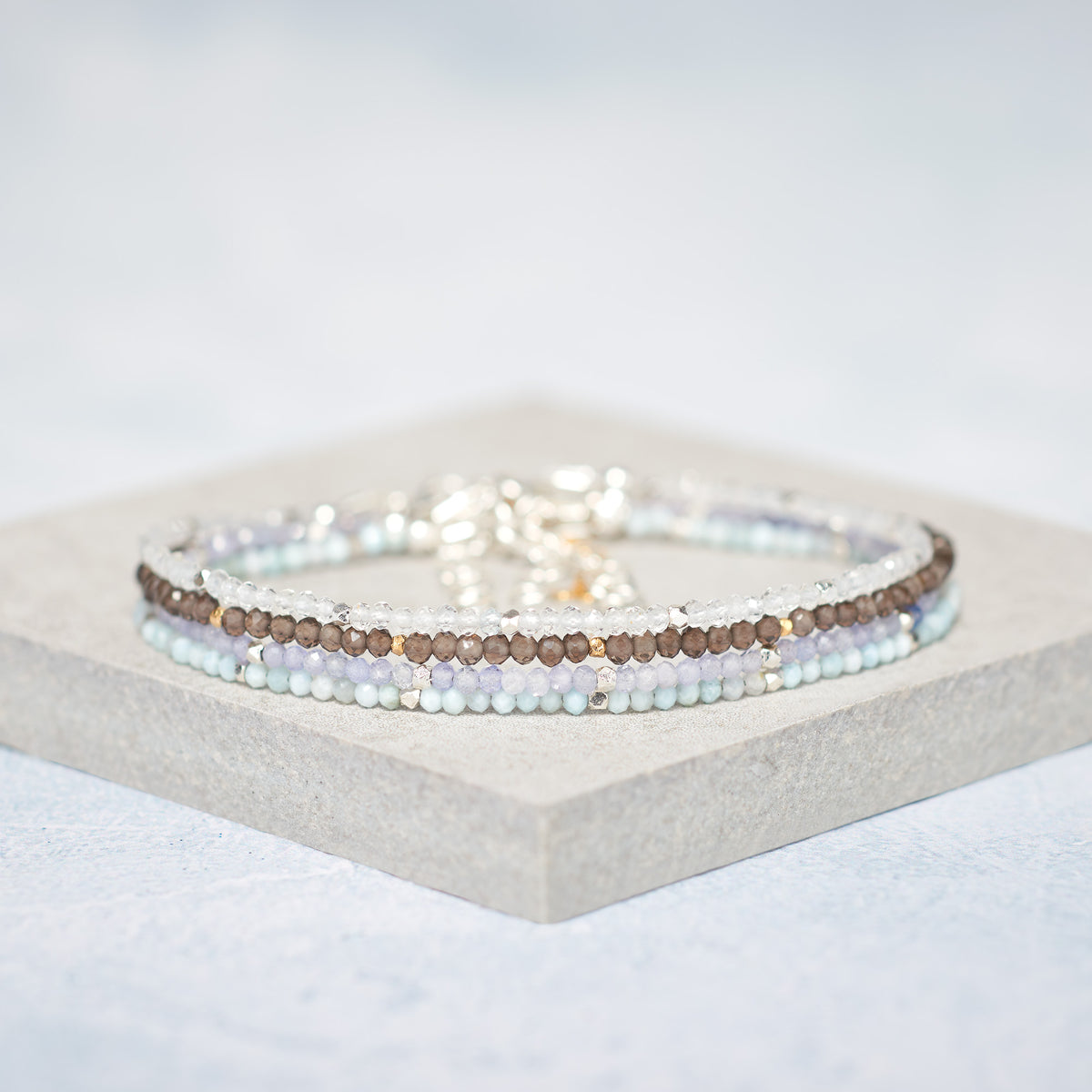 Set Of 4 Dainty Gemstone Stacking Bracelets, Larimar, Smoky Quartz, Tanzanite & Topaz
