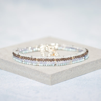 Set Of 4 Dainty Gemstone Stacking Bracelets, Larimar, Smoky Quartz, Tanzanite & Topaz