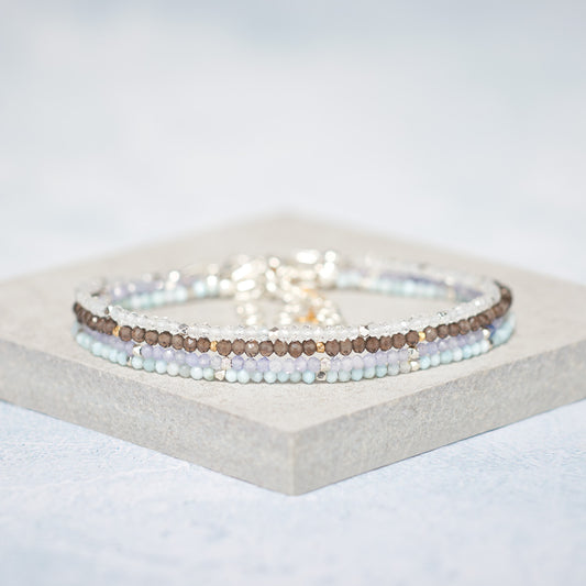 Set Of 4 Dainty Gemstone Stacking Bracelets, Larimar, Smoky Quartz, Tanzanite & Topaz