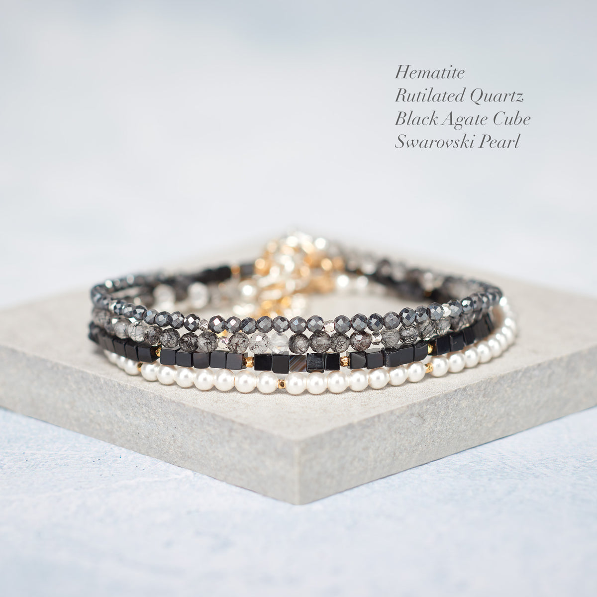 Set Of 4 Dainty Gemstone Stacking Bracelets, Hematite, Tourmalinated Quartz, Black Agate & Pearl