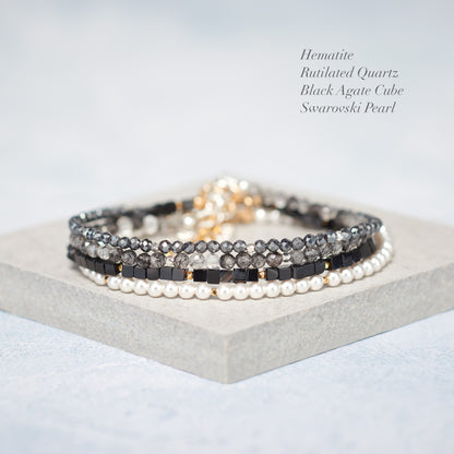 Set Of 4 Dainty Gemstone Stacking Bracelets, Hematite, Tourmalinated Quartz, Black Agate & Pearl